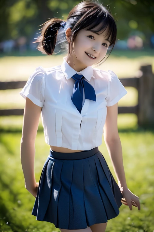((white short sleeve blouse、ultra mini pleated skirt、dark blue)), ((red tie))、 ((black boots))、((whole body esbion))、((side shot))、((、small and flat chest))、Beautiful girl with realistic black eyes, white skin, medium length black hair, perfect face, perfect eyes, very detailed, comprehensive movie, digital painting, 8K, cinematic lighting, highest quality, High resolution, detailed work, Post-processing, perfect results, surreal、Little dance、Frolic、My heart is excited
