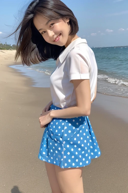 beautiful japanese woman, high teenager, （Detailed model figure：face is facing the camera, The body is facing the camera, standing on the sand by the sea, Straightening the back, The navel is visible） （Photo Details：Front of the body, full body shot,Camera height is eye level, looking at the camera） （facial details：long eyes, beautiful eyes, Eye pupils are black, looking at the camera, elongated facial contour, Smile a little,sharp cheeks, round chin, clean nose, round chin, Bob cut brown hair） （Body details：Height: 155cm, bust 79cm, Waist 55cm, Hip 85cm, Healthy thighs, barefoot, Rest your left foot, The navel is visible) （detailed costumes：Short-sleeved shirt with large blue polka dots on white fabric, Fluttery white super mini skirt,Miniskirt from 10cm below the navel to the crotch）