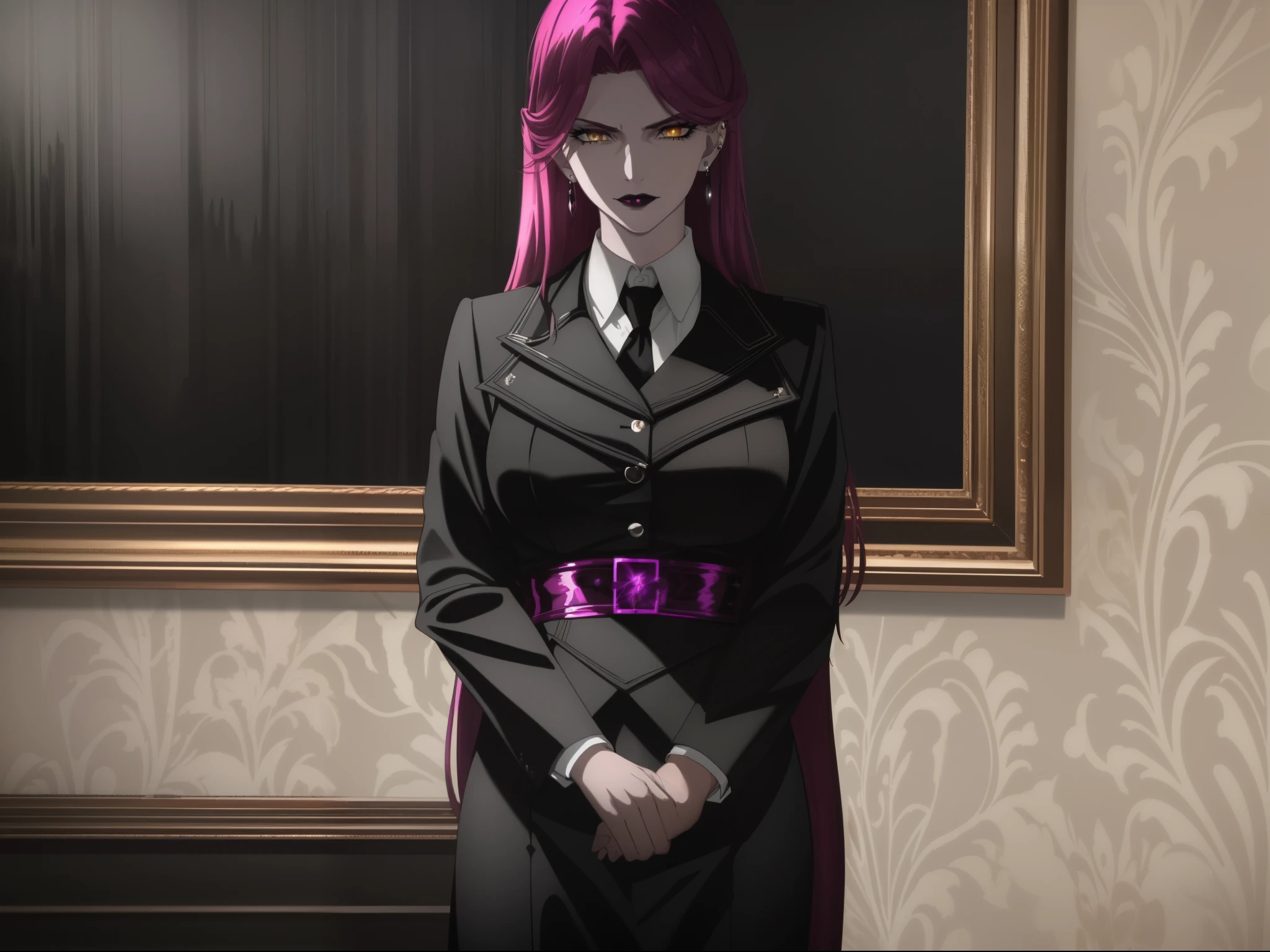 (best quality,4k,8k,highres,masterpiece:1.2),ultra-detailed,(realistic,photorealistic,photo-realistic:1.37),evil woman,pink hair,instills fear and respect,yellow eyes,dark and mysterious atmosphere,sharp features,mystical background,dramatic lighting,ominous presence,powerful gaze,sinister aura,confident expression,threatening posture,dominant presence,intense personality,dressed in black,stylish and elegant attire,mesmerizing beauty,piercing stare,dark lipstick,dramatic shadows,strong and commanding presence,gloomy color scheme,menacing energy,demonic presence,commanding the attention,formidable and intimidating,dripping with power and authority,captivating and enigmatic,hauntingly beautiful,exudes an aura of power and control