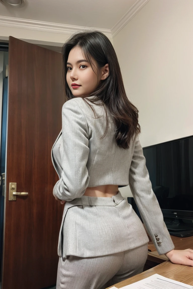 masterpiece, (realistic, photo-realistic:1.37), a girl,  (Best quality, 8k, 32k, Masterpiece, UHD:1.2), 1girl, detailed skin, detailed eyes, narrow waist, grey suit, white shirt, office lady, suit, pants, from front, sitting on desk, office room, desk,  (stick out one's buttocks:1.2),