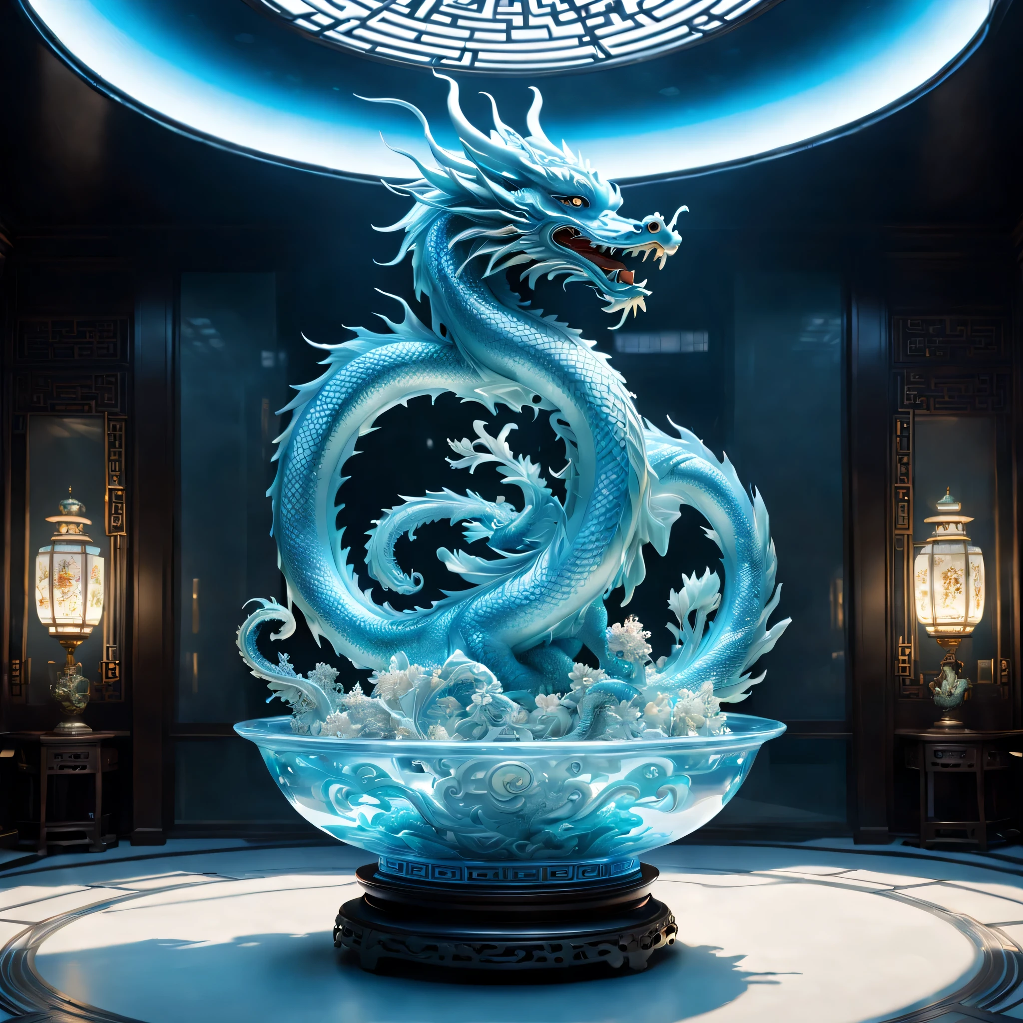 A dragon is displayed in an empty room, RococoStyle, Crystal nuclei, Realistic light depiction, interesting and complex, light blue, hidden academia, World pattern,The body of the vase is illuminated by light, RococoStyle, futuristic elements, Crystal nuclei, Chinese iconography, swirl, light blue, giant money sculpture, Futuristic fantasy style, light blue, An intricate underwater world, Realistic light depiction, clear colors, Crystal nuclei, Light cyan and white, An intricate underwater world风格, Crystal nuclei, chinapunk, swirl, light blue, Glowing portrait, light box,(best quality,4K,8k,high resolution,masterpiece:1.2),super detailed,(actual,realistically,lifelike:1.37),extremely detailed glass vase，There is a dragon on it,super detailedscp神器可以,Complex and gorgeous anime CGI style,Exquisite renderings of the Tang Dynasty,Better than Paul and James Ginn,complex artwork. Guilty car rendering,Complex 8K rendering,8k vray rendering,rendering art,filled with glass. Computer Graphics Association,High quality rendering