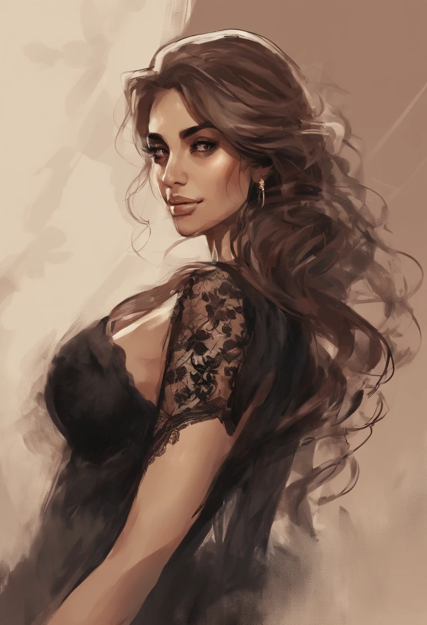 30 year old iraqi woman with brown hair with blonde highlights big eyes in black lace lingerie hair wavy and flowing brown eyes brown eyes