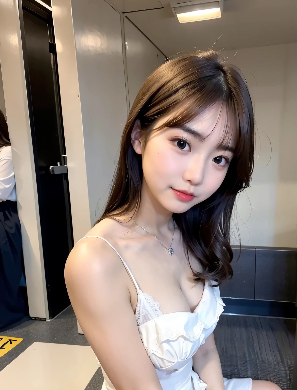 A woman in a white dress sitting on a train, korean girl, gorgeous young korean woman, beautiful south korean woman, beautiful young korean woman, beautiful asian girl, gorgeous chinese model, asian girl, korean woman, young and cute girl, good young girl, cute young woman, cleavage, chinese girl, attractive girl, beautiful asian woman, The innocent look of the girl next door