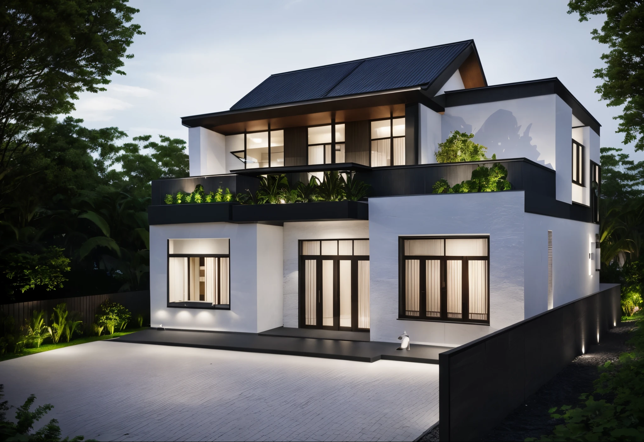 a view of a modern home with a large front yard, main material by glossy white wall and black stone and wood, 1 road runs in front of the house, (RAW photo, real, best quality, masterpiece:1.2), look morden minimalist, 1 road in front of the house, shime ring light, light brighteness from indoor:1.2, dynamic lighting:1.3, (hyper realistic, photo-realistic:1.2), high quality, day lighht, hight contrast :0.5 perfect lighting, archdaily, award winning contemporary, contemporary masterpiece, well-designed masterpiece, large modern residence, neotraditional modern, wide angle exterior 2022, midcentury modern, contemporary house, hip modern vibe, a long-shot from front, award winning modern design, stunning lines, residential, subtle detailing