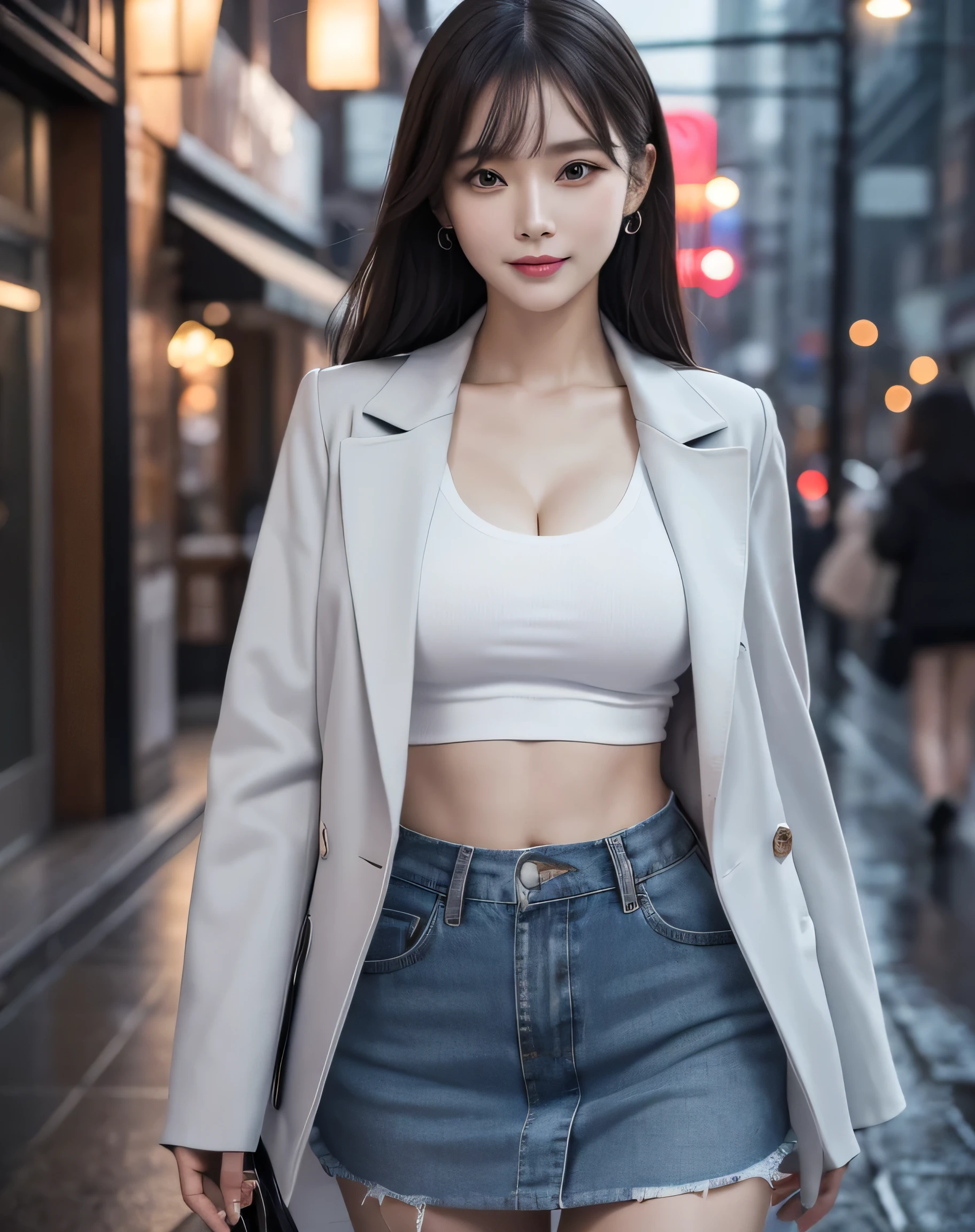 (8k, best quality, masterpiece:1,2), (realistic, photo-realistic:1,37), top quality, masterpiece, a beautiful woman, wearing a shirt for women crop v neck top white t-shirt korean fashion women t with a tight open gray color jacket, beautiful and toned body, cleavage, floral mini skirt, walking in the suburbs, slightly drizzling night background, in shops with Korean-style shop lights, night atmosphere, slightly wet asphalt, seductive smiles with dimples,