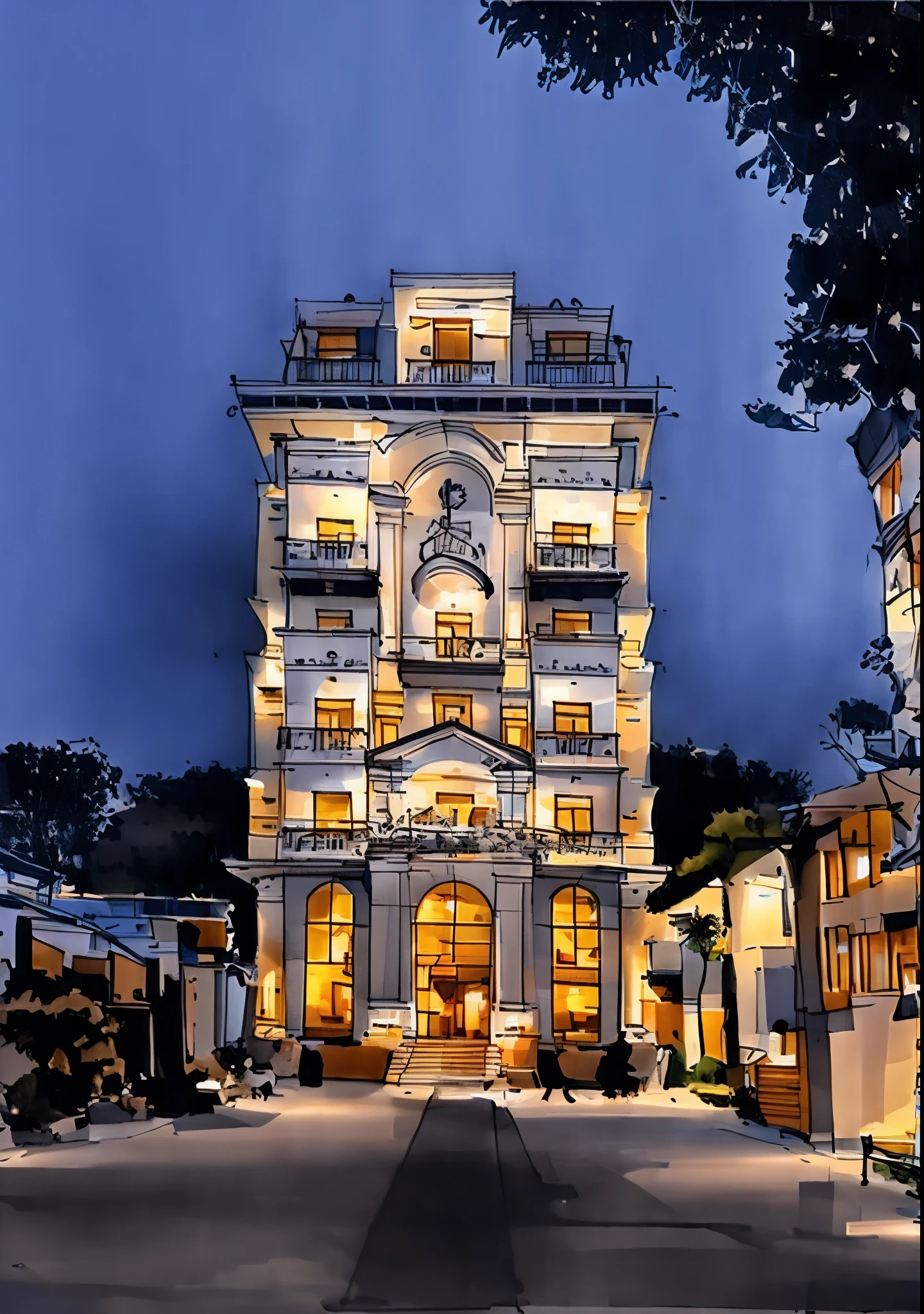 A hotel with classical style with a hill behind, morning, daytime, sunnyday, elegent metarial,