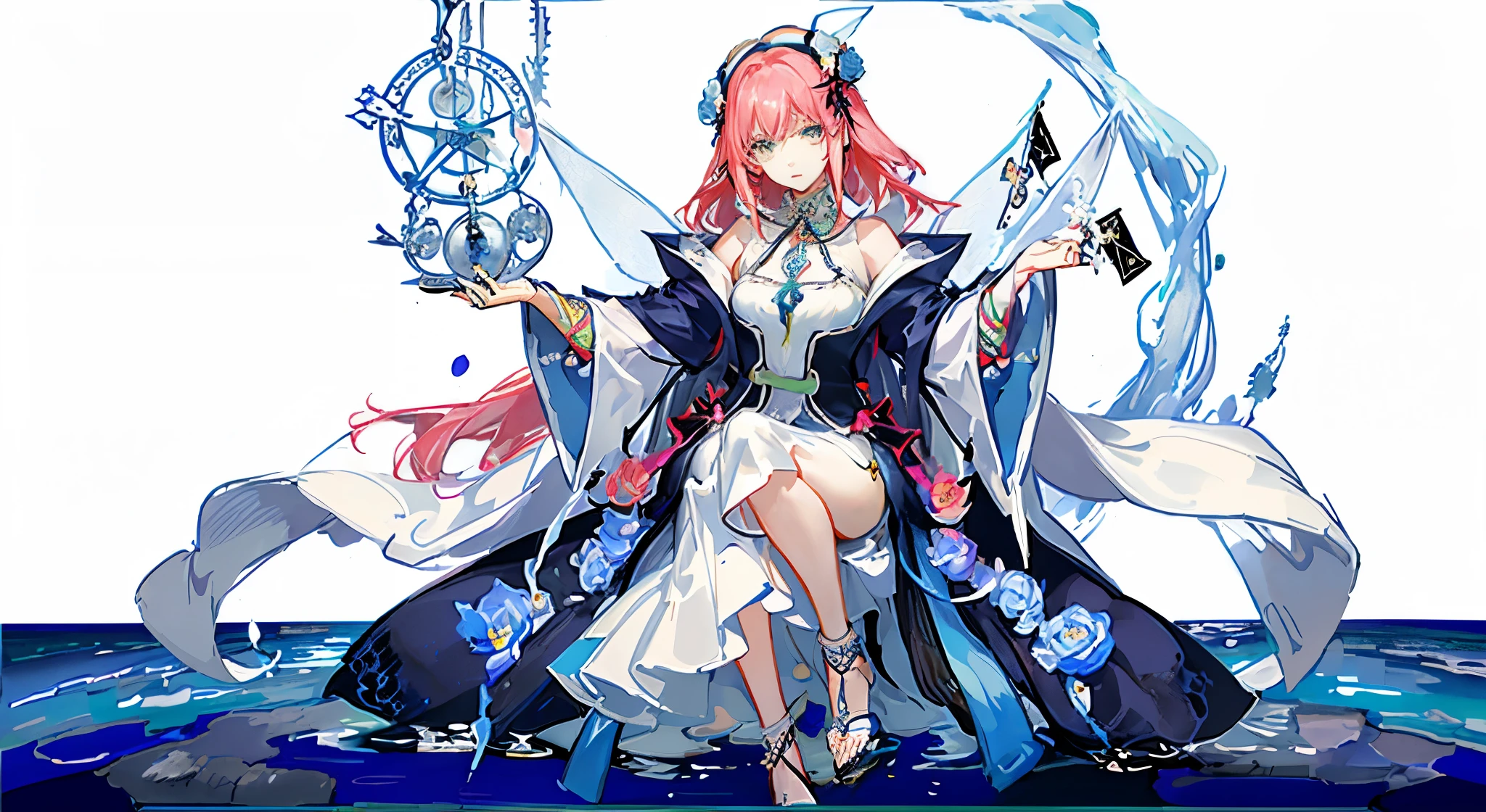 (golden ratio:1.2),(Doodle rose:1.2),(Fault color:1.3),[(white色背景:1.4)::10], (whole body:1.2),(Super detailed:1.3),(tarot cards:1.6),(magician (tarot cards):1.6),

(paper:1.2),(Fairy:1.6),(Fairy wings:1.2),whole body, standing in the air,(cool:1.2),(long red hair),(butterfly hair accessories),(flower hair accessories:1.0),((sandals,locket)),(Colorful cocktail dress:1.0)+(Loose-fitting sleeved jacket :1.3)+(Flowing colored tassels and ribbons :1.2),(white:1.2),

(colorful ink paper flower grow on the face:1.2),(colorful flower sea:1.3),

(chaotic geometric images:1.3),(negative space:0.8),(Board:1.3),

(Ether colorful ink flow:1.3)