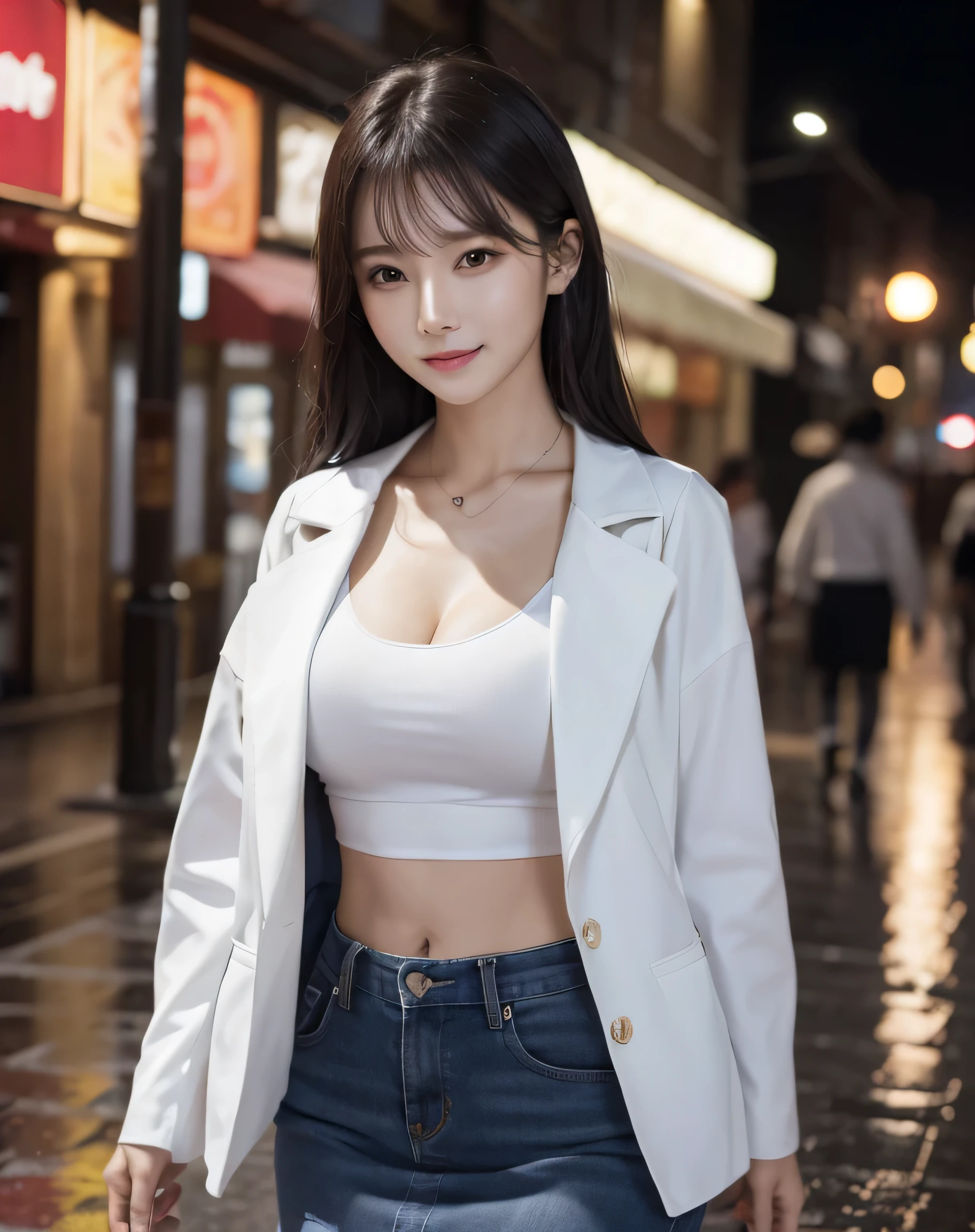 (8k, best quality, masterpiece:1,2), (realistic, photo-realistic:1,37), top quality, masterpiece, a beautiful woman, wearing a shirt for women crop v neck top white t-shirt korean fashion women t with a tight open gray color jacket, beautiful and toned body, cleavage, floral mini skirt, walking in the suburbs, slightly drizzling night background, in shops with Korean-style shop lights, night atmosphere, slightly wet asphalt, seductive smiles with dimples,