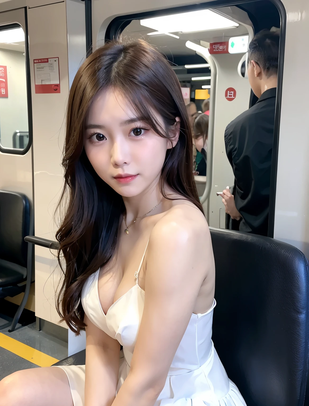 A woman in a white dress sitting on a train, korean girl, gorgeous young korean woman, beautiful south korean woman, beautiful young korean woman, beautiful asian girl, gorgeous chinese model, asian girl, korean woman, young and cute girl, good young girl, cute young woman, cleavage, chinese girl, attractive girl, beautiful asian woman, The innocent look of the girl next door