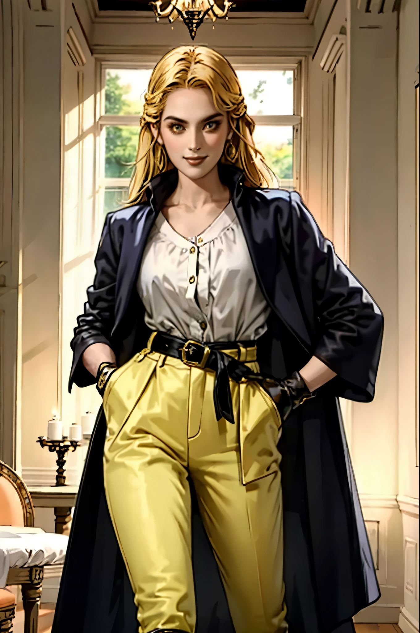 A beautiful woman with flowing orange long hair, exquisite facial features, a playful smile, confident eyes, a tall figure, a two-piece fantasy-style pirate robe coat, yellow as the main color, complemented by red accents, long wrist guard gloves on her hands, a gold belt around her waist with a short hem, leather pants, knee-high boots, standing with her hands on her hips in front of a fantasy medieval-style port tavern, this character embodies a finely crafted fantasy-style female pirate in anime style, exquisite and mature manga art style, high definition, best quality, highres, ultra-detailed, ultra-fine painting, extremely delicate, professional, anatomically correct, symmetrical face, extremely detailed eyes and face, high quality eyes, creativity, RAW photo, UHD, 8k, Natural light, cinematic lighting, masterpiece-anatomy-perfect, masterpiece:1.5