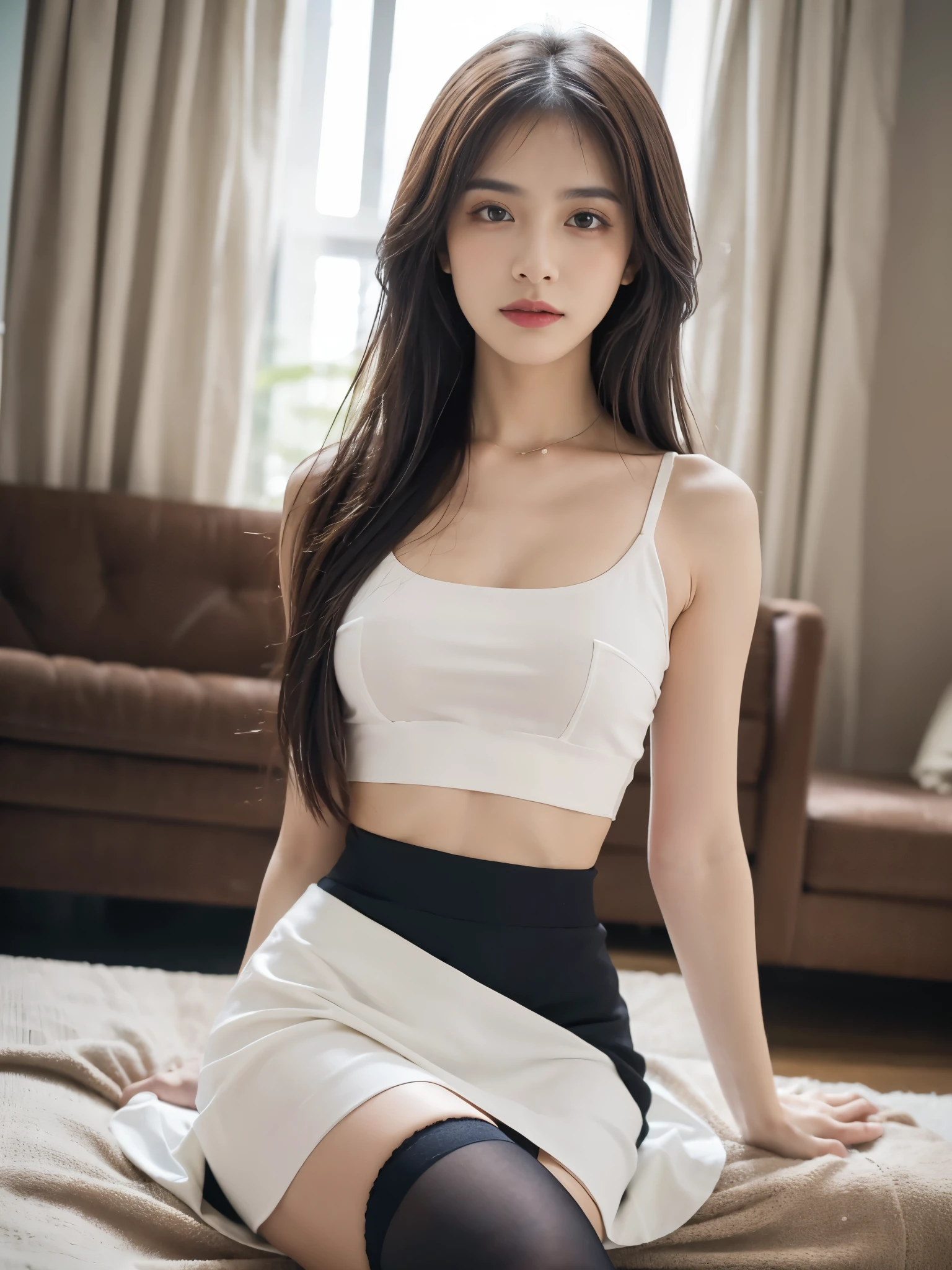 (master-piece), 1 young woman, bestquality, 20 age, (Beautiful dark black hair), Long, smooth, smooth hair., Waist length hair, Brown eyes, ((No underwear, showing beautiful breasts., (Wear a short white skirt.), (High Jump, Lift your legs to show off your clitoris.)), close up shot