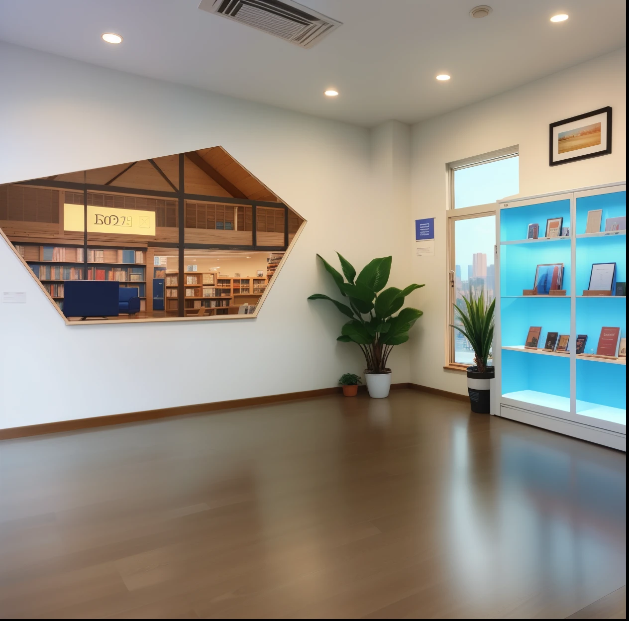 There is a blue sign in the room，There is a huge Honda logo on the floor in the middle of the room，There are shelves and plants inside, Product display, Showroom scene, small library, 3D ios room photos, Product introduction photos, Shot with Canon 80D, Great view, library, gallery, wide angle panorama, exhibition, waiting room, displayed in the exhibition hall, Warm and joyful atmosphere