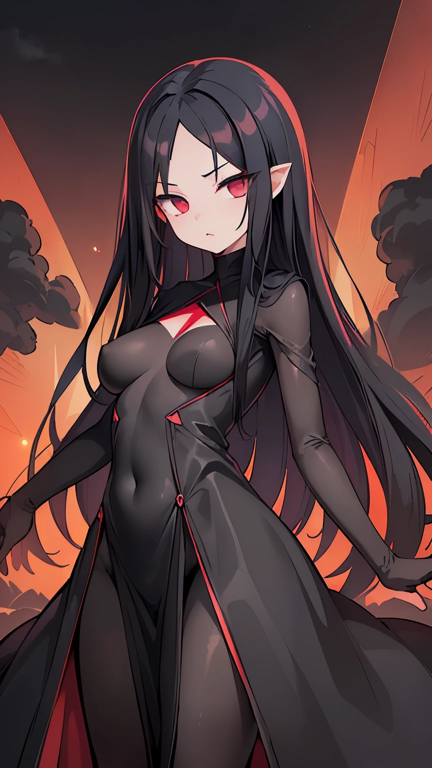 1 girl, (Masterpiece), dynamic lighting, dynamic colors, (scenery), best pose, (gacha splash background), female, (((milf, small head, small eyes, angular face, angular chin, long face, mature face, mature))), (human), (jet black colored hair, long sleek hair, sleek hair, scarlet red colored eyes, glowing eyes), sparkly eyes, (super expressionless, super expressionless eyes, super confident pose, super expressionless expression), (((long dress made out of black smoke, all black dress, black dress, full dress, covered))), (((big breasts))), ((tall, lengthy body, deathly pale, scarlet red lips, slim waist, slim)),