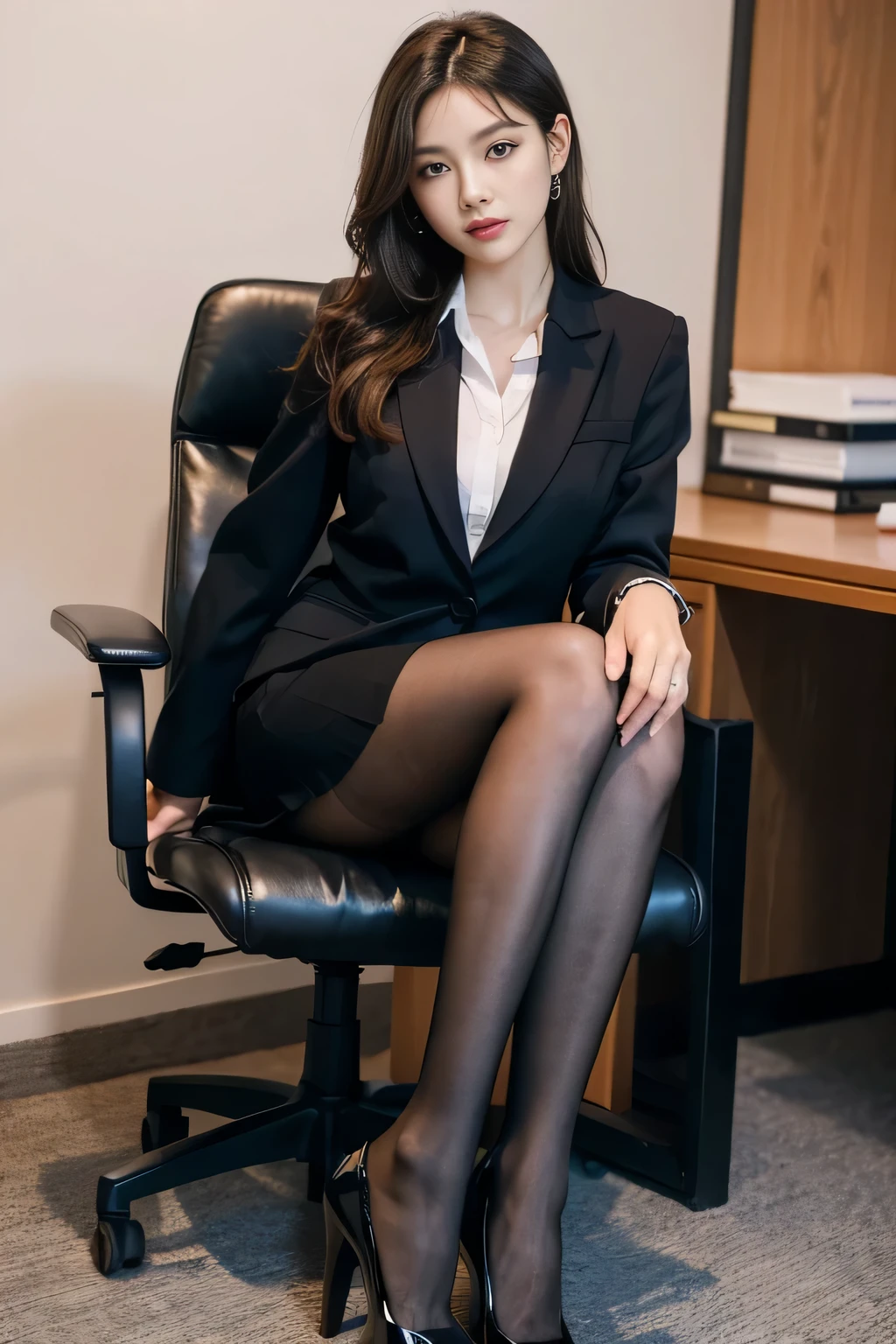 (masterpiece), ((best quality)), (masterpiece,best quality,official art,Extremely detailed CG unified 8k wallpaper), , Beauty photo, a lady,alone,Elegant upper class elite secretary wearing business shirt,perfect appearance,Double eyelid eyes,Exquisite makeup, working in an office,Wearing a strict suit, Wear pantyhose,穿高档High heel,Girl in shirt, wearing a suit, huge ,Full body female love,wearing a suit, wearing a suit, merchant, business attire, wearing black suit, Wear a shirt and skirt, Woman in a suit, business attire,Chair,sitting position,Erlang legs,High heel,view viewer,bright,intricate details,feet focus,from below,