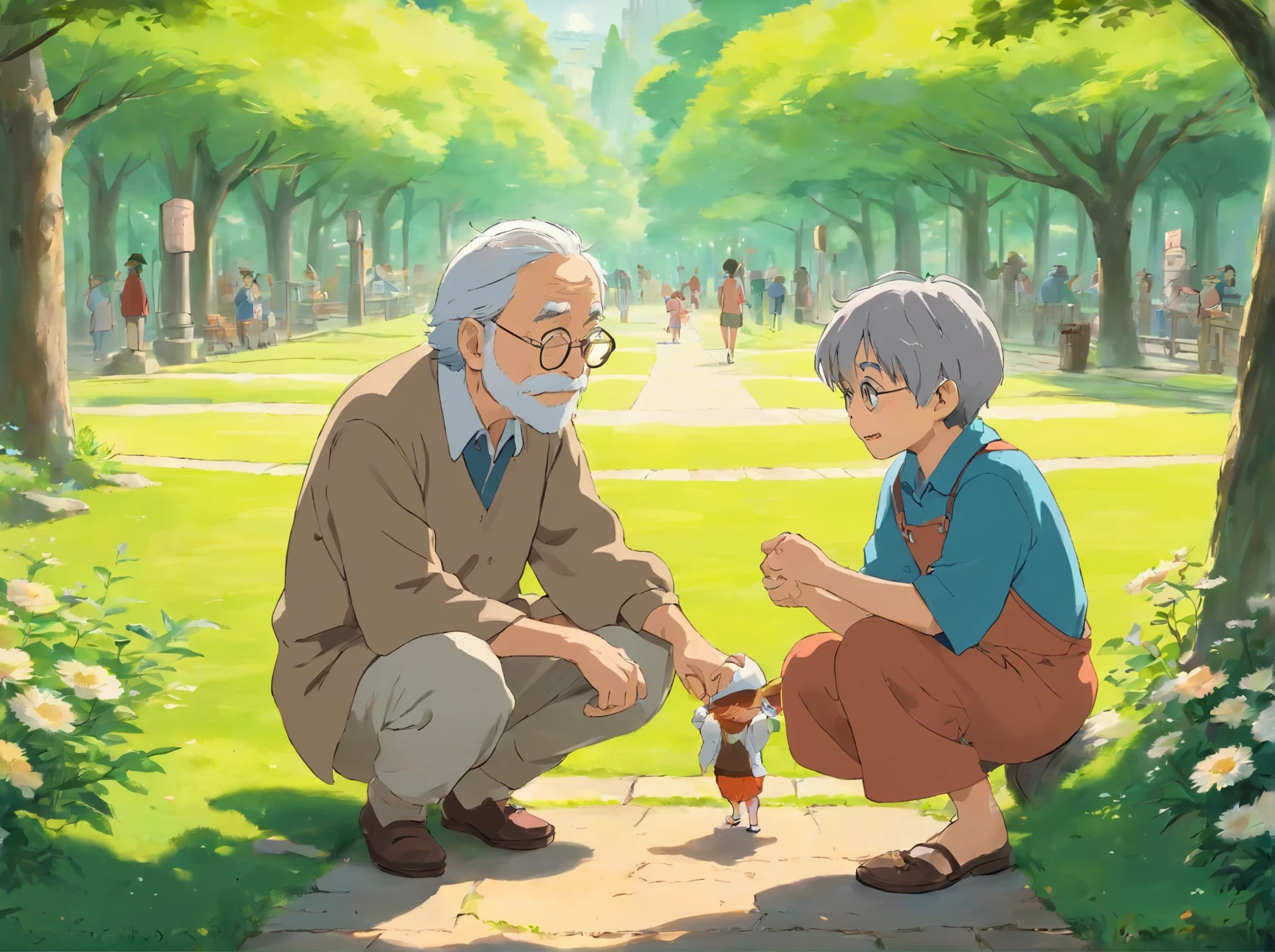 Please draw a picture of an old man and a child playing in the park