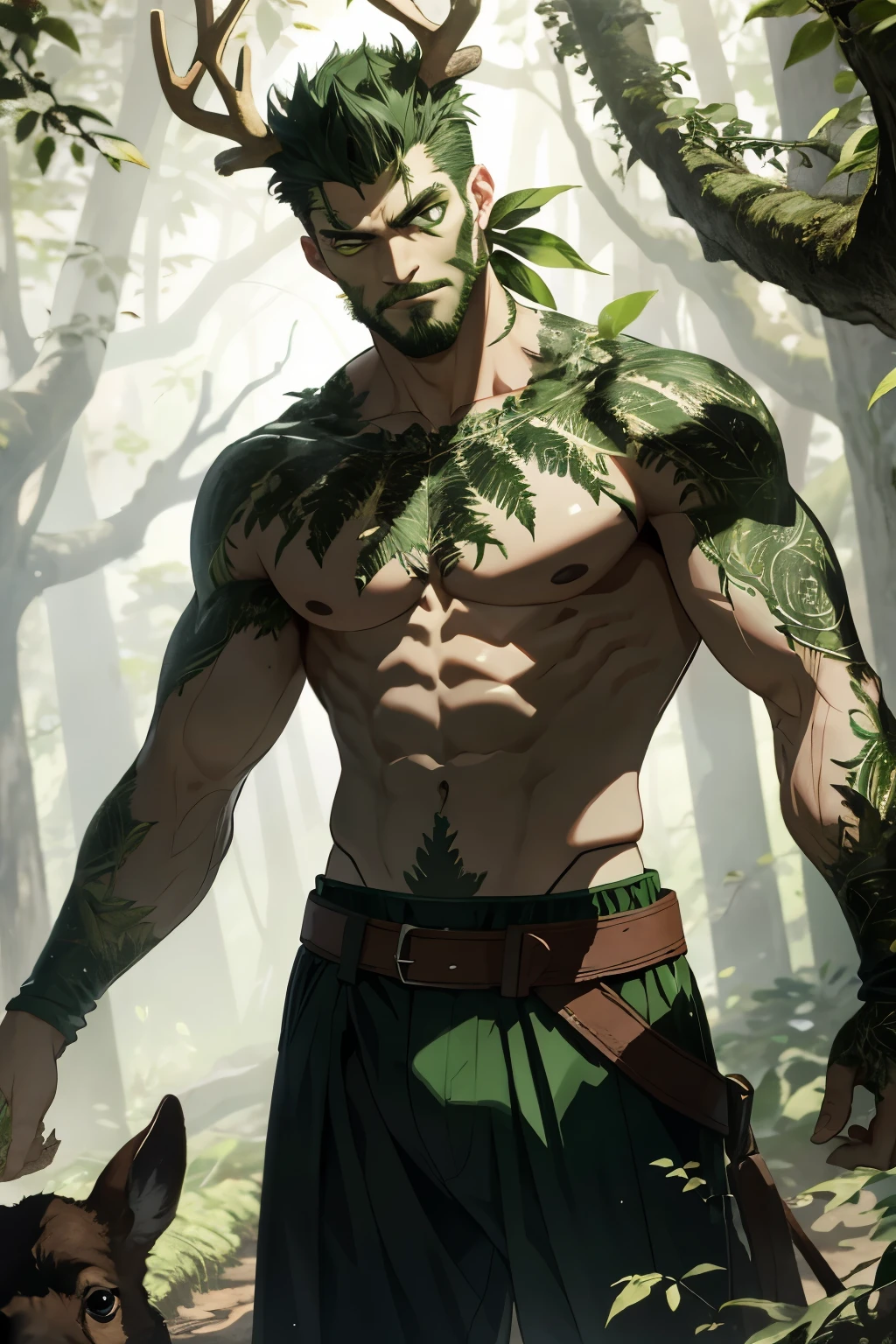 Man from the Woods: A intricately detailed masterpiece of a muscular man emerging from the woods, with a green-hued face, piercing emerald eyes, and sharp teeth, adorned with vines and leaves, showcasing a rugged physique, and accompanied by his faithful deer companion.

Or

Green-faced Man from the Woods: A top-quality, ultra-realistic 8K CG masterpiece of a man with a green face, standing in the woods, with vey very detailed eyes and facial features. His face is covered in intricate, detailed green patterns suggestive of a forest, and his piercing, emerald eyes look deep into the soul.