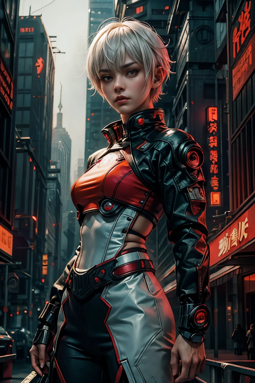 Female warrior monk with short white hair, Dressed in a dark red long-sleeved shirt, futuristic and cyberpunk City space port background, artwork inspired by Moebius and Ashley Wood