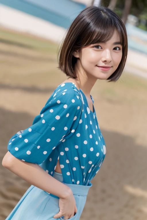 beautiful japanese woman, high ager, (Detailed model figure:face is facing the camera, The body is facing the camera, standing on the sand by the sea, Straightening the back, The navel is visible) (Photo Details:Front of the body, full body shot,Camera height is eye level, looking at the camera) (facial details:long eyes, beautiful eyes, Eye pupils are black, looking at the camera, elongated facial contour, Smile a little,sharp cheeks, round chin, clean nose, round chin, Bob cut brown hair) (Body details:Height: 155cm, bust 79cm, Waist 55cm, Hip 85cm, Healthy thighs, barefoot, Rest your left foot, The navel is visible) (detailed costumes:Tank top shirt with large blue polka dots on white fabric and 5cm above the navel., Fluttery white super mini skirt,Miniskirt from 10cm below the navel to the crotch)