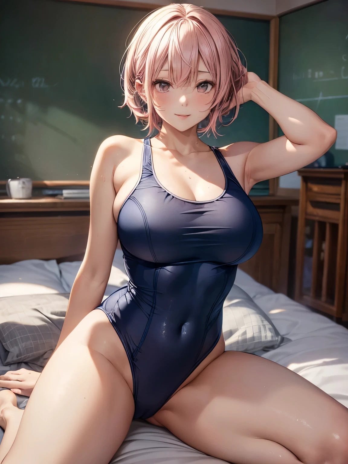 highest quality、complete limbs、pink hair、very short hair、beautiful big breasted woman:1.5、(A woman wearing a navy blue one-piece school swimsuit:1.5)、bare hands、barefoot、sexy pose、big smile、sit on the bed、I have my side hair over my ears