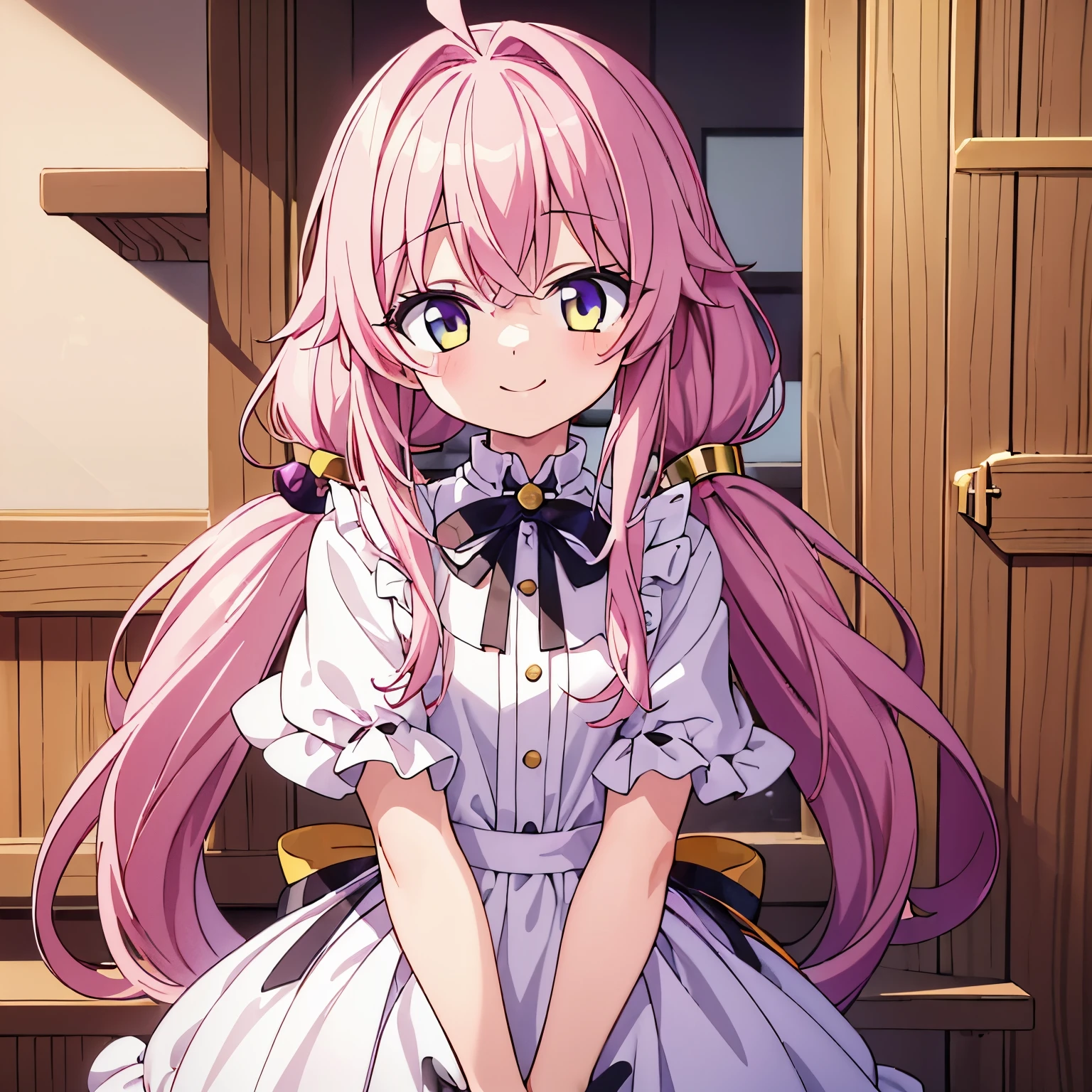 (masterpiece:1.2), (expensive_quality:1.2), 16k, 1080P, 1 girl, light pink hair, low twintails, gold eyes, smile, anatomically correct, Ahoge, long hair, 10 years old