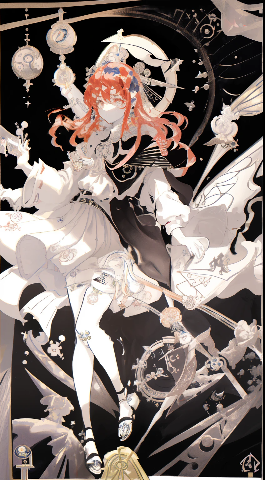 (golden ratio:1.2),(Doodle rose:1.2),(Fault color:1.3),[(white色背景:1.4)::10], (whole body:1.2),(Super detailed:1.3),(tarot cards:1.6),(magician (tarot cards):1.6), (paper:1.2),(Fairy:1.6),(Fairy wings:1.2),whole body, standing in the air,(cool:1.2),(long red hair),(butterfly hair accessories),(flower hair accessories:1.0),((sandals,locket)),(Colorful cocktail dress:1.0)+(Loose-fitting sleeved jacket :1.3)+(Flowing colored tassels and ribbons :1.2),(white:1.2), （colorful ink paper flower grow on the face：1.2），（colorful flower sea：1.3）， (chaotic geometric images:1.3),(negative space:0.8),(Board:1.3), (Ether colorful ink flow:1.3)
