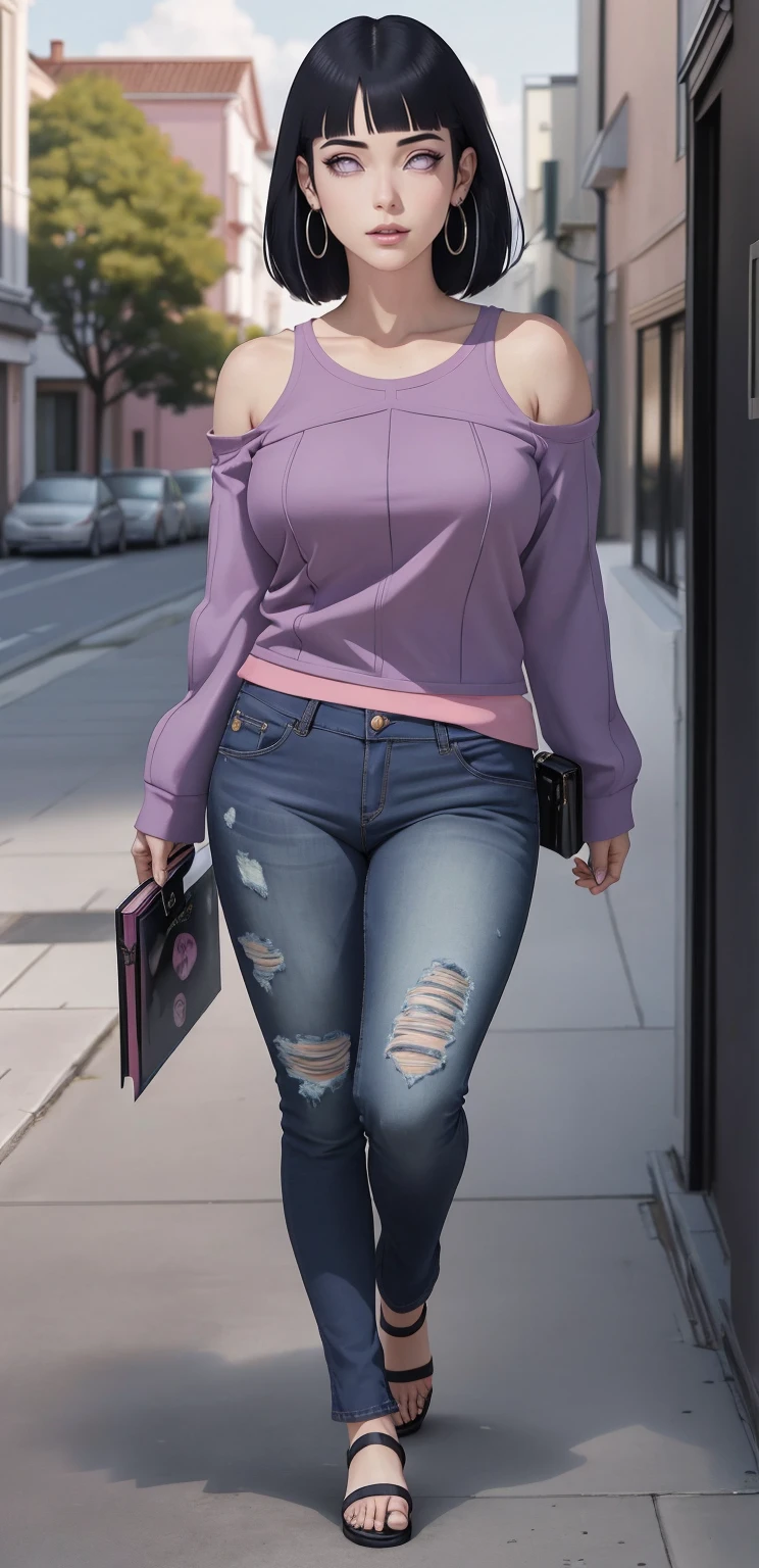 { - anatomy error} (Masterpiece - Ultra-detailed, very high resolution) , absurdos, Hinata\(Boruto\), 1girl, sozinho,Mature female, Capuz roxo,mangas em camadas, jeans, ao ar livre, Cloudy sky, perfect composition, circunstanciado lips, peito grande, beautiful face, body propotion, corar, (pink lips), cabelos pretos curto (black hair), lilac eyes, olhar suave, super realistic, circunstanciado, rosto e corpo realistas, Realistic hair, olhos realistas, nariz realista, realistic lips, with large hoop earrings, anime. Walking on the floor with lilac shoes.