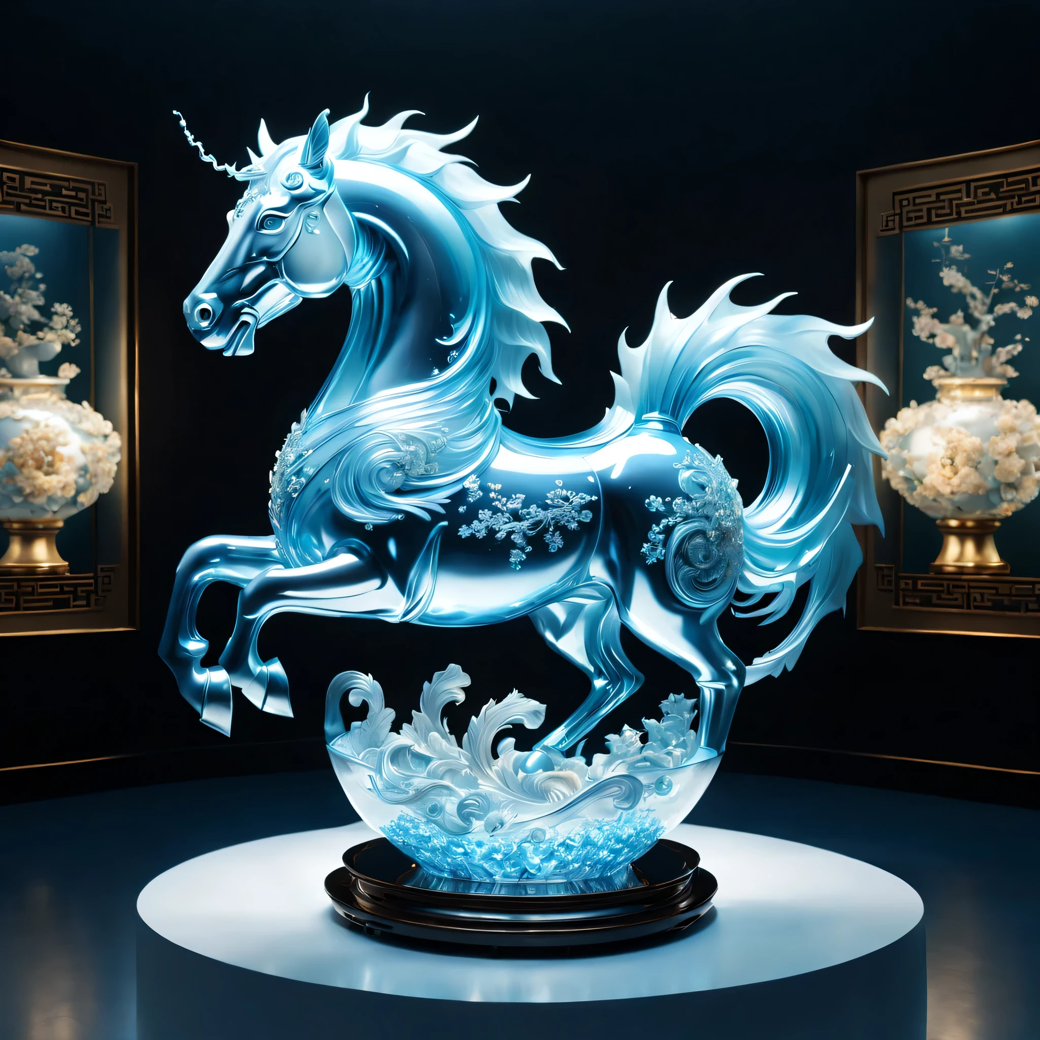 A dragon horse is displayed in an empty room, RococoStyle, Crystal nuclei, Realistic light depiction, interesting and complex, light blue, hidden academia, World pattern,The body of the vase is illuminated by light, RococoStyle, futuristic elements, Crystal nuclei, Chinese iconography, swirl, light blue, giant money sculpture, Futuristic fantasy style, light blue, An intricate underwater world, Realistic light depiction, clear colors, Crystal nuclei, Light cyan and white, An intricate underwater world风格, Crystal nuclei, chinapunk, swirl, light blue, Glowing portrait, light box,(best quality,4K,8k,high resolution,masterpiece:1.2),super detailed,(actual,realistically,lifelike:1.37),extremely detailed glass vase,There is a horse on it,super detailedscp神器可以,Complex and gorgeous anime CGI style,Exquisite renderings of the Tang Dynasty,Better than Paul and James Ginn,complex artwork. Guilty car rendering,Complex 8K rendering,8k vray rendering,rendering art,filled with glass. Computer Graphics Association,High quality rendering