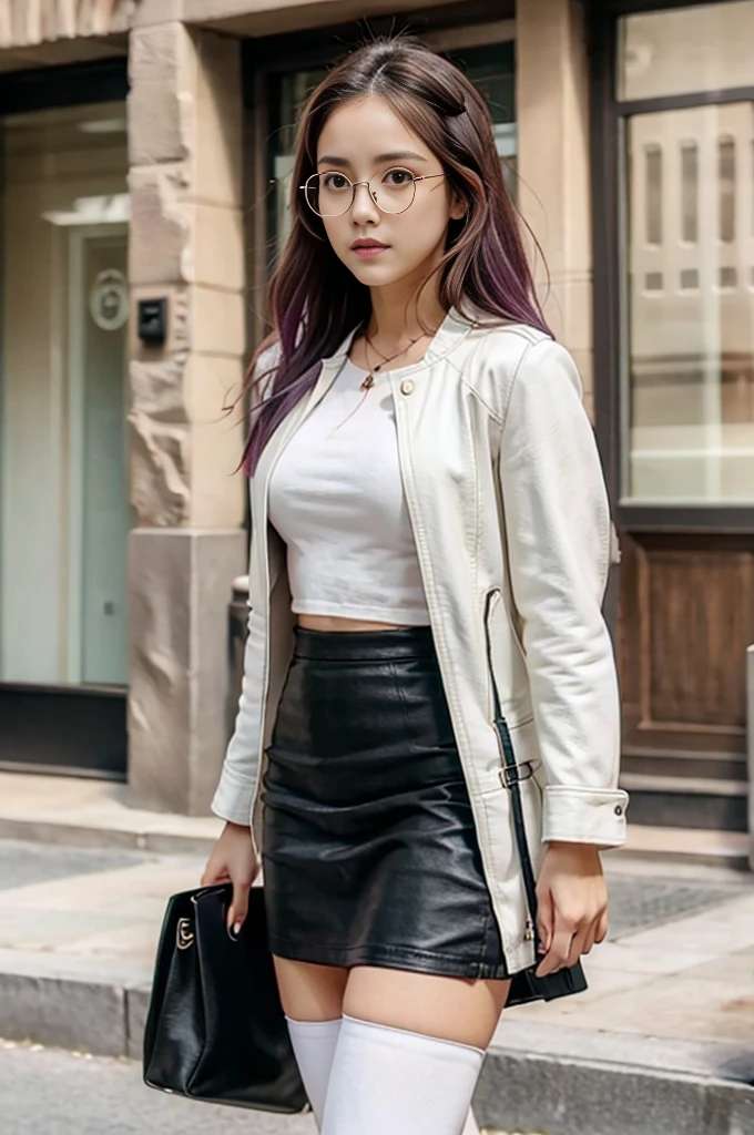 shoulder-length hair, purple hair, white leggings, open black leather jacket, white shirt, black leather mini skirt, black knee-high boots, slim, beautiful, mature, glasses.