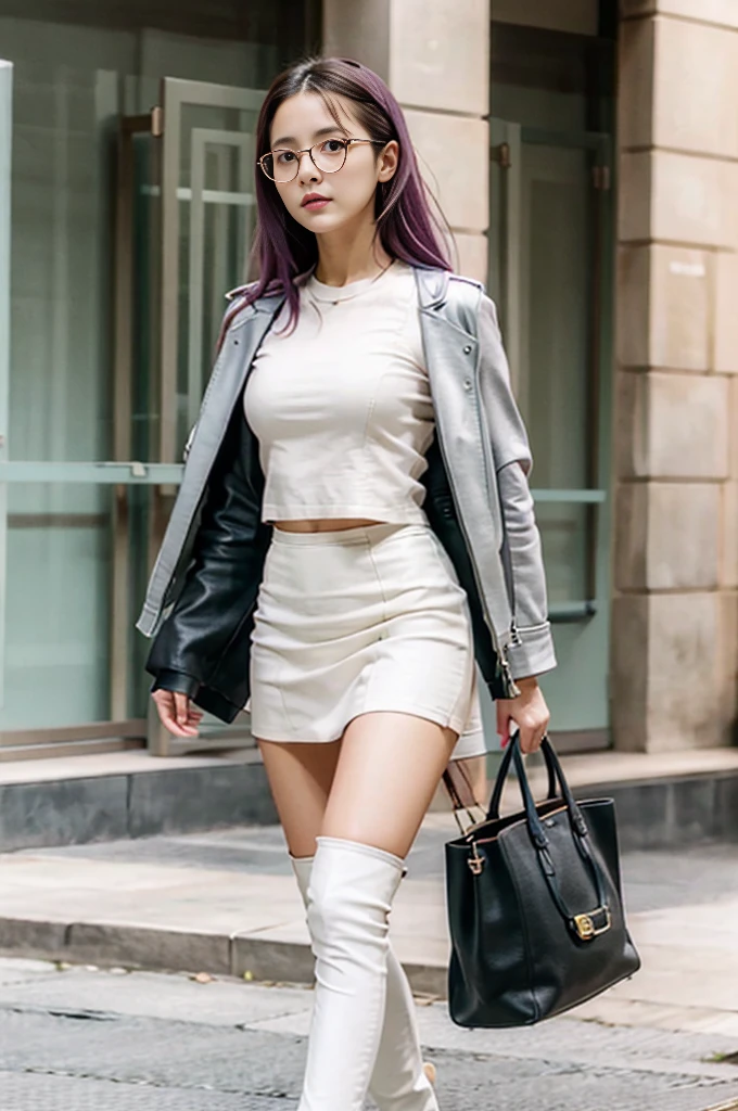 shoulder-length hair, purple hair, white leggings, open black leather jacket, white shirt, black leather mini skirt, black knee-high boots, slim, beautiful, mature, glasses.