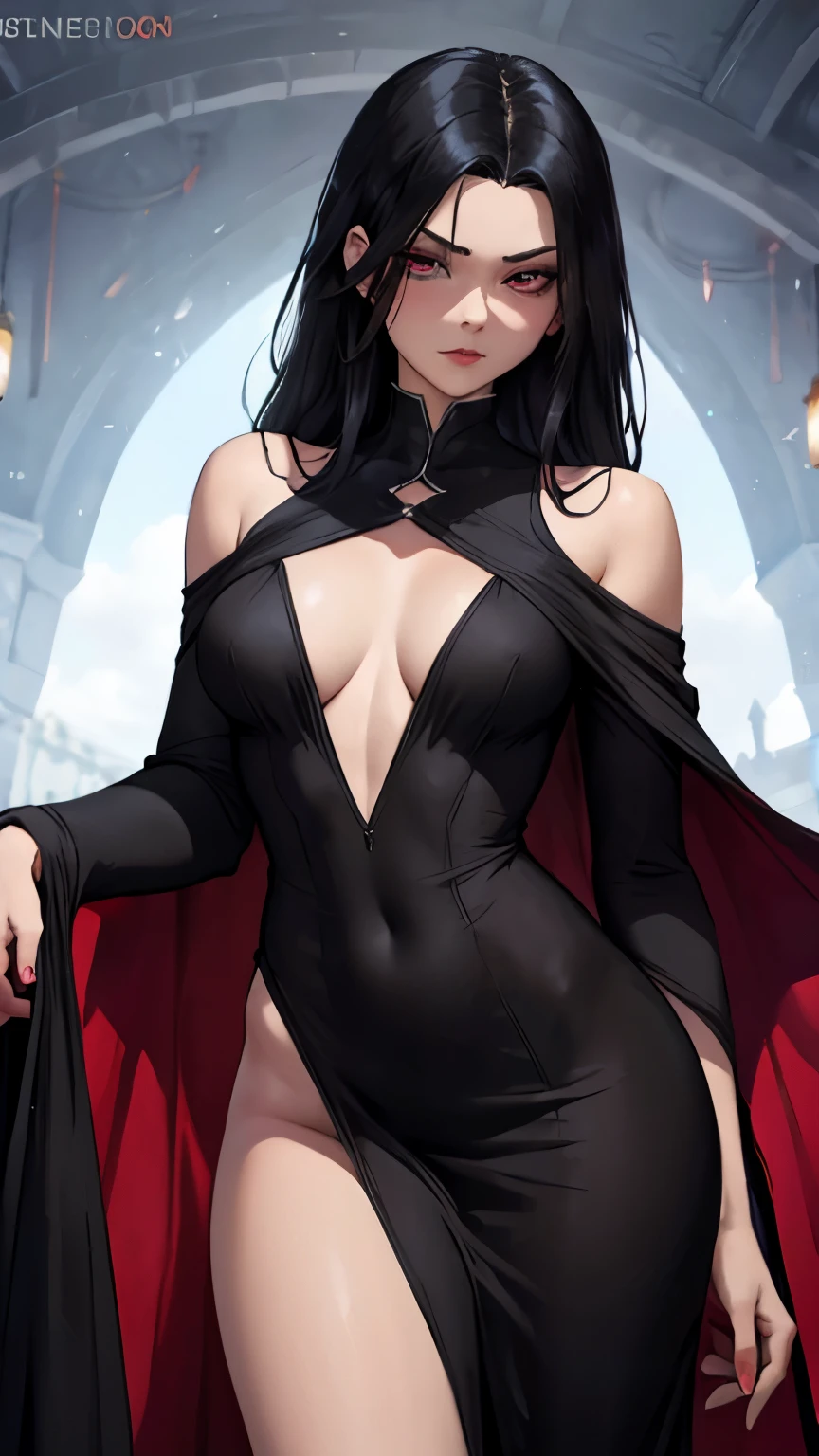 1 girl, (Masterpiece), dynamic lighting, dynamic colors, (scenery), best pose, (gacha splash background), female, (((milf, small head, small eyes, angular face, angular chin, long face, mature face, mature))), (human), (jet black colored hair, long sleek hair, sleek hair, scarlet red colored eyes, glowing eyes), sparkly eyes, (super expressionless, super expressionless eyes, super confident pose, super expressionless expression), (((long dress made out of black smoke, all black dress, black dress, full dress, covered))), (((big breasts))), ((tall, lengthy body, deathly pale, scarlet red lips, slim waist, slim)), 