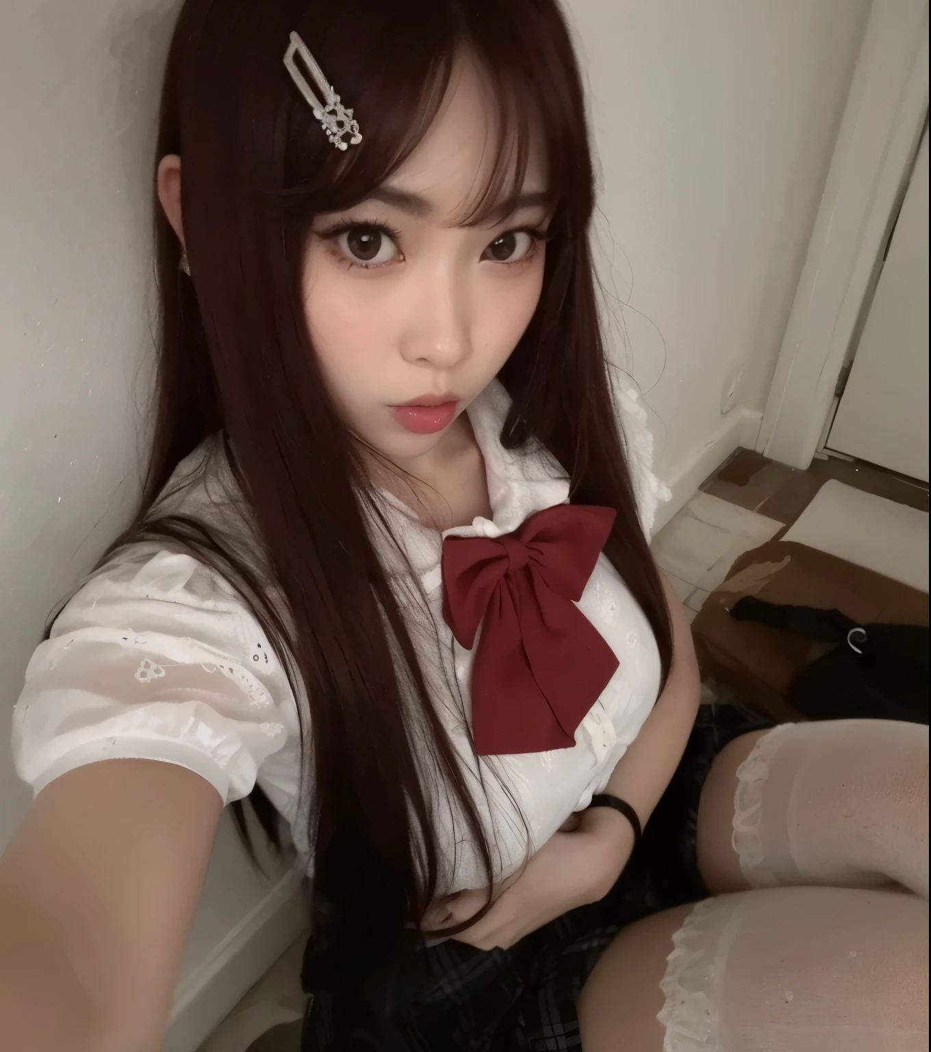 There's a woman with a bow tie posing for a photo, Ulzzang,  coreana, anime garota tailandesa, sakimichan, selfie taken directly at angle, 18 anos de idade, 1 8 are, garota de anime na vida real, 22 anos de idade, vestido como , kanliu666, imagem de perfil, chiho