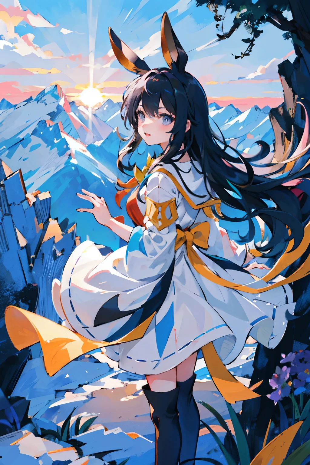 In the heart of a breathtaking Pokémon region, Iris embarks on an epic adventure. The scene unfolds with her standing on the precipice of a cliff, overlooking a vast landscape of diverse terrains. The anime-style features of the 18-year-old girl radiate with a mix of determination and curiosity.

Iris's long hair billows in the wind as she gazes into the horizon, ready for the excitement that awaits. The vibrant colors of the sunrise paint the sky with hues of oranges and pinks, setting the stage for a day filled with adventure.

Beneath the cliff, a dense forest sprawls, its tree canopies forming a mosaic of shadows on the ground. Iris is not alone in this journey – a partner Pokémon, a loyal Eevee, accompanies her, perched on her shoulder and sharing in the anticipation of the unknown.

As Iris descends from the cliff, she enters a meadow filled with wildflowers of various colors. Pokémon of different species play and roam freely, creating a lively and enchanting atmosphere. The air is filled with the calls and chirps of Pokémon, adding to the sense of wonder.

In the distance, a legendary Pokémon, perhaps a majestic Articuno, soars gracefully in the sky, leaving a trail of sparkling icy feathers. Iris's bunny ears twitch with excitement as she observes this majestic display.

The journey continues through various landscapes – from dense forests to tranquil lakes, rocky mountain paths to bustling Pokémon towns. Each scene captures the essence of Iris's Pokémon adventure, filled with discovery, friendship, and the thrill of capturing Pokémon.