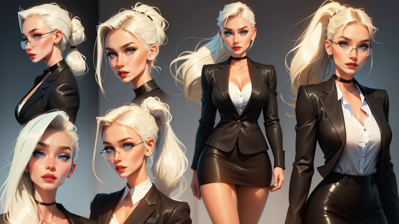 ((Masterpiece, Highest quality)), Detailed face, (character design sheet), full bodyesbian, Full of details, frontal body view, back body view, Highly detailed, Depth, Many parts, Multiple poses and expressions (young woman with ponytail blond hair) (light blue eyes), 20 years old, dominant gorgeous girl, same character, muscle body, (woman pale skin), swedish woman, evil smile, red lips, (business suit), girl tall, choker, (Sexy Office Lady ), tattoos, glasses, short black skirt, white shirt, pantyhose, large breast