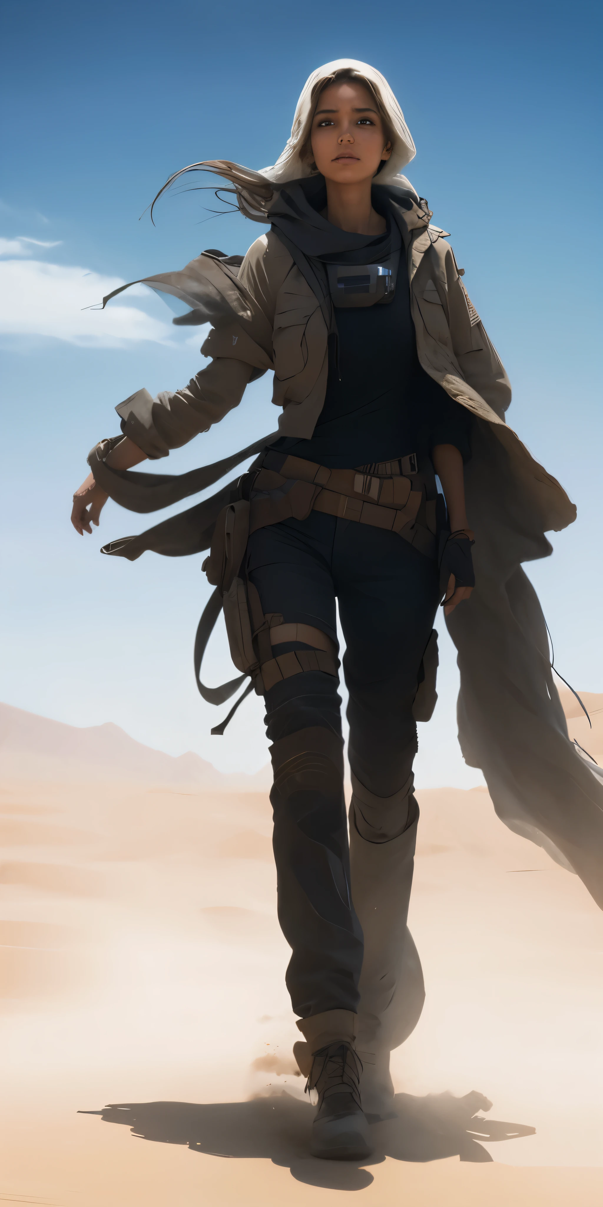 Beautiful lost woman in desert apocalypse, paper, dust, worn clothes, sweat, exhaustion, worn in clothes, swirl, whirl, swirling wind, wind, heat, dirt, blood, tan kahki, impressionism sci-fi master art style 34k resolution hyperdetailed,
