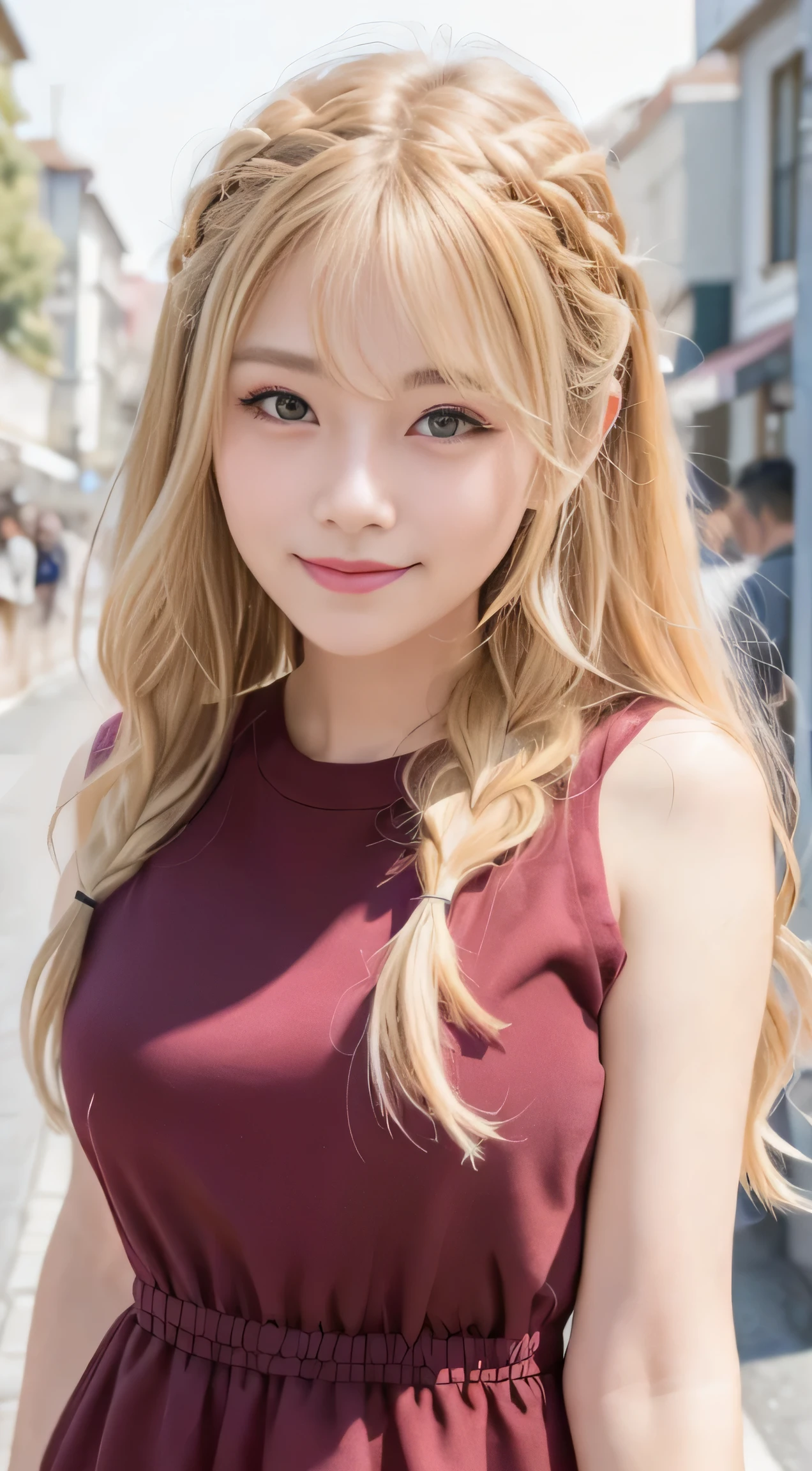 (8K、top-quality、masterpiece:1.2)、(reallistic、Photorealsitic:1.37)、The ultra-detailliert、1人、18year old、Medium chest、Beautie、Beautiful and perfect face、up close shot、Natural smile、独奏、holiday、Bustling street、shopping、Fashionable clothes、Redness of the nose)、(A smile:1.5)、(With mouth closed) 、beautidful eyes、(long:1.2)、Floating hair 、Middle hair、Gold Hair Medium Hair, (Golden hair), Ear Hair, , Single braid, (Single braid), (Side braid),Checked shirt