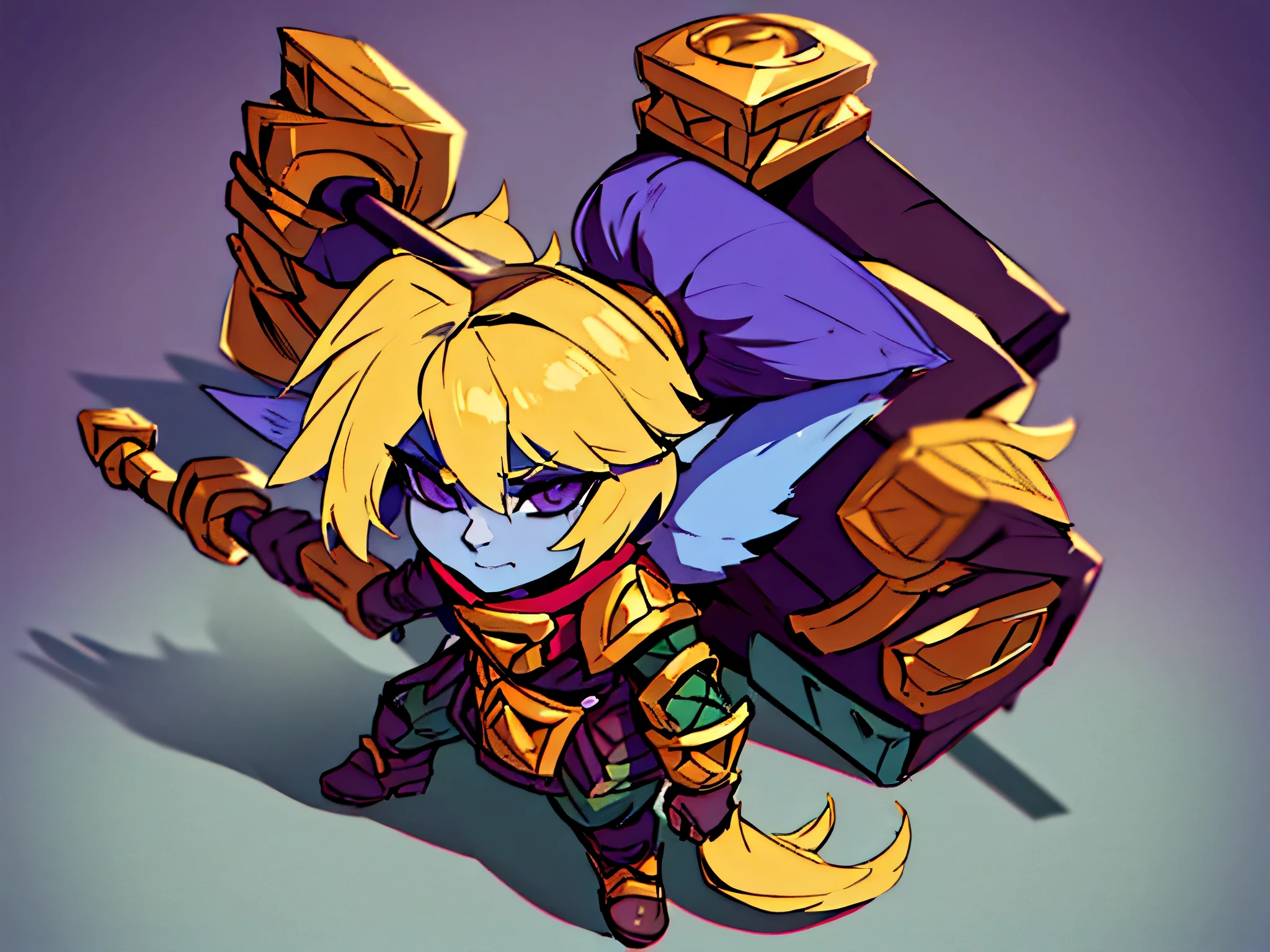 Tristeza no olhar, there&#39;s one with blonde hair and a blue face holding a gigantic hammer, poppy, fofa, yordle, arte oficial splash, Estilo de arte de League of Legends, de League of Legends, Arte estilo League of Legends, iconic character splash art, arte de splash do personagem, Astri Lohne, Arte do personagem de League of Legends, Personagem de League of Legends, fantasia estilo de arte hearthstone, campo de batalha, brava e fofa, forte,/cores predominantes roxo e preto
