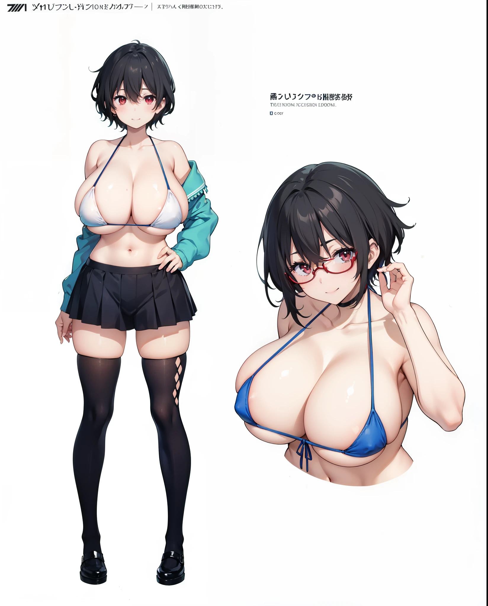 a female anime character in bikini, full bikini, 1girl, glasses, smile, short hair, multiple views, white background, looking at viewer, simple background, red eyes, huge_breast,