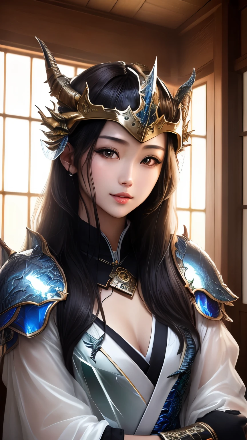 最high quality、high quality、best image quality、8K、最High resolution、High resolution、最high quality、masterpiece、RAW photo、whole photo、realistic atmosphere、(detailed face)、(fine hands、thumb1reference4)、(beauty of japan )、very nice face、beautiful face、((beautiful japanese girl))、(japanese woman), ((18 year old beautiful girl))、(glossy black hair)、(long straight hair)、(ponytail)、slim style、shiny skin、fair skin、beautiful skin、whole body、(Depiction from head to toes)、realistic human skin、realistic human body structure、perfect body, perfect face, perfect hands, perfect fingers, perfect lips, perfect eyes,perfect teeth、perfect background round, soft natural light、Interior of a medieval European-style Western-style building、Interior decorated with artwork from the 1690s、 Interior of a 1600s mansion、Classic Bedroom、complex room、Classic interior、(Glass with very high transparency)、(transparent tempered glass)、(Glass that allows light to pass through)、((Made of transparent glass(dragon armor))、((Made of transparent glass(Dragon Helm))