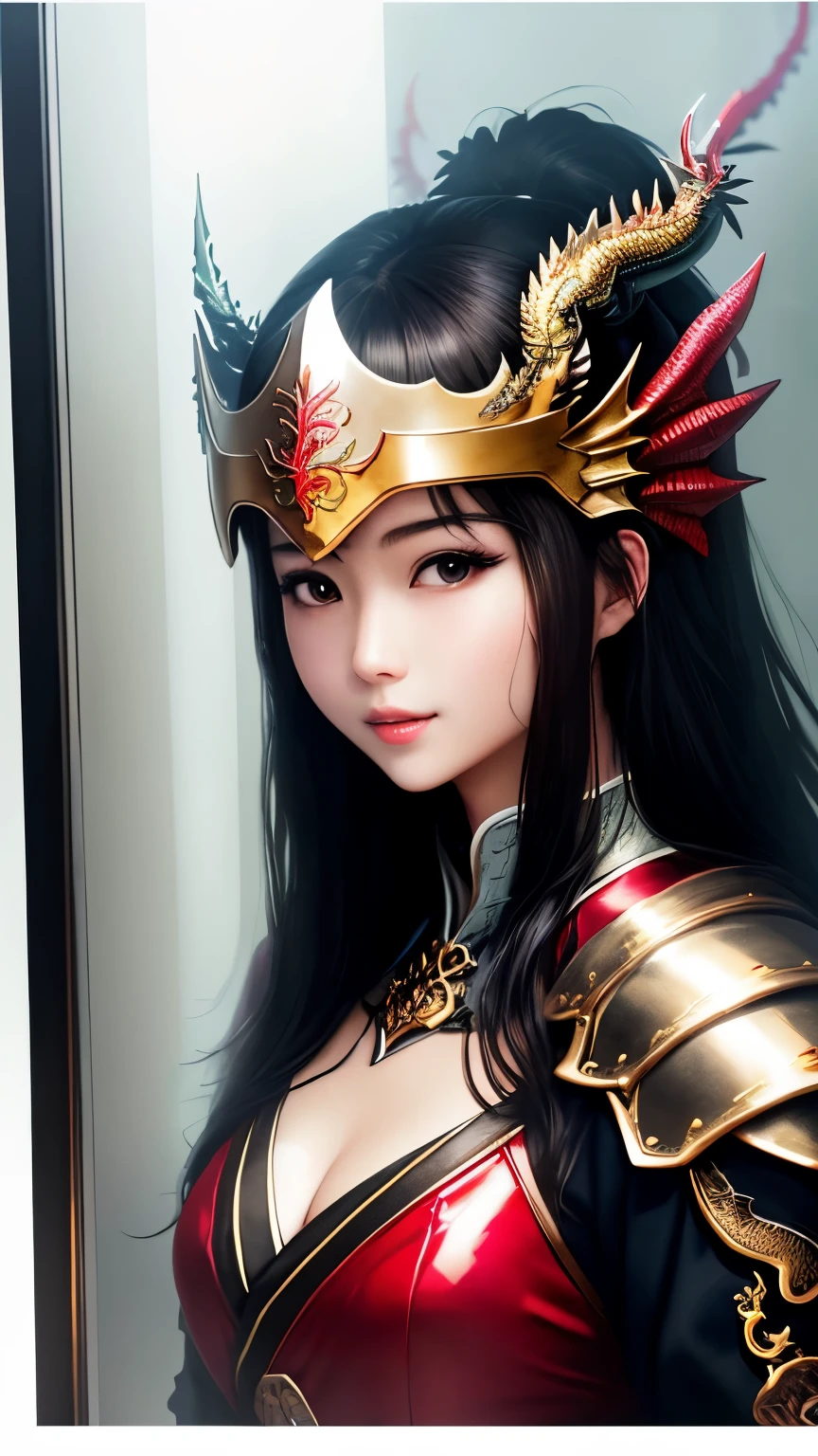 最high quality、high quality、best image quality、8K、最High resolution、High resolution、最high quality、masterpiece、RAW photo、whole photo、realistic atmosphere、(detailed face)、(fine hands、thumb１reference４)、(beauty of japan )、very nice face、beautiful face、((beautiful japanese girl))、(japanese woman), ((18 year old beautiful girl))、(glossy black hair)、(long straight hair)、(ponytail)、slim style、shiny skin、fair skin、beautiful skin、whole body、(Depiction from head to toes)、realistic human skin、realistic human body structure、perfect body， perfect face， perfect hands， perfect fingers， perfect lips， perfect eyes，perfect teeth、perfect background round， soft natural light、Interior of a medieval European-style Western-style building、Interior decorated with artwork from the 1690s、 Interior of a 1600s mansion、Classic Bedroom、complex room、Classic interior、(Glass with very high transparency)、(transparent tempered glass)、(Glass that allows light to pass through)、((Made of transparent glass(dragon armor))、((Made of transparent glass(Dragon Helm))