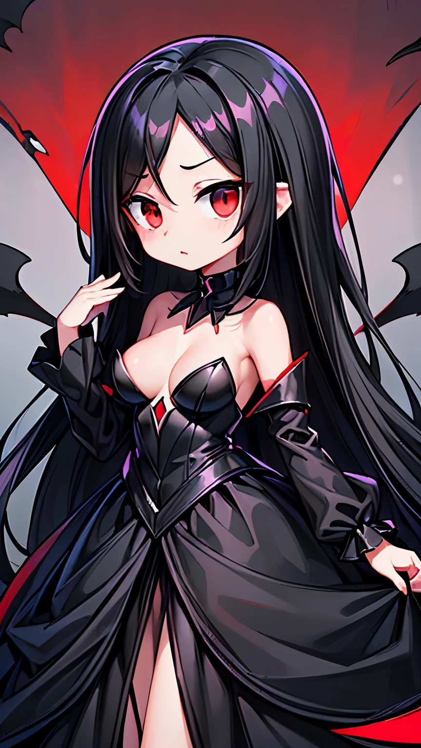 1 girl, (Masterpiece), dynamic lighting, dynamic colors, (scenery), best pose, (gacha splash background), female, (((milf, small head, small eyes, angular face, angular chin, long face, mature face, mature))), (human), (jet black colored hair, long sleek hair, sleek hair, scarlet red colored eyes, glowing eyes), sparkly eyes, (super expressionless, super expressionless eyes, super confident pose, super expressionless expression), (((long dress made out of black smoke, all black dress, black dress, full dress, covered))), (((big breasts))), ((tall, lengthy body, deathly pale, scarlet red lips, slim waist, slim)),
