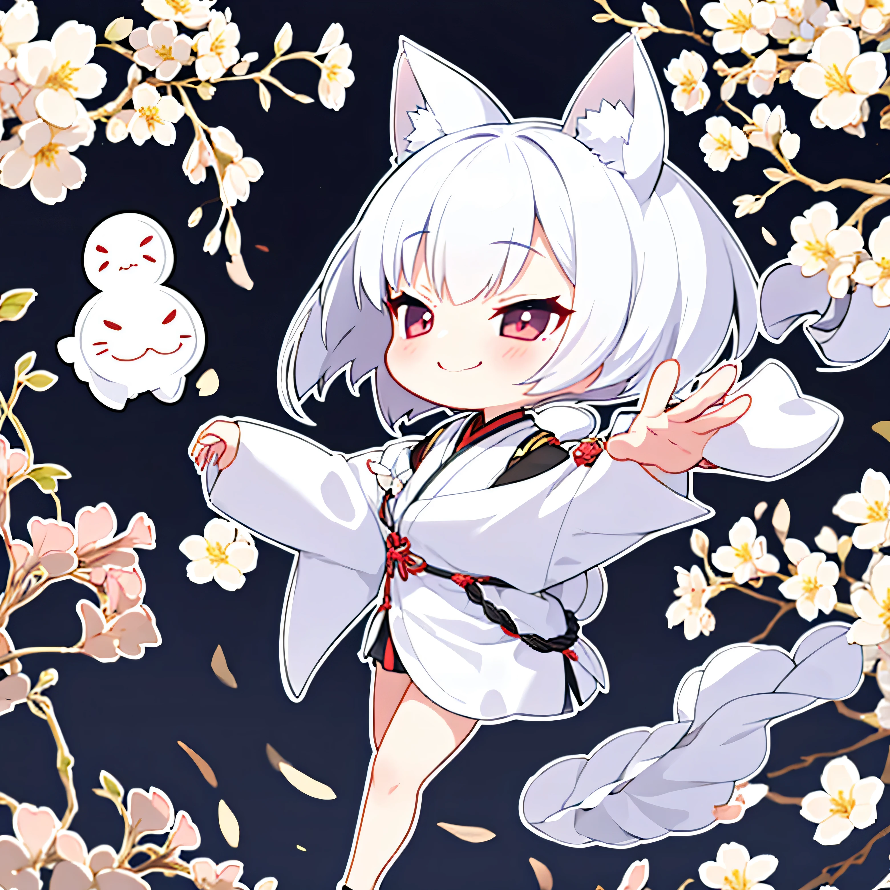 White short hair, Cat's ears, girl, Oriental traditional clothing, Black short skirt, 3 head body type, cute characters, SD Character, Side view of a smiling face with fluttering hair, Side view of slightly smiling face while running, hair fluttering behind