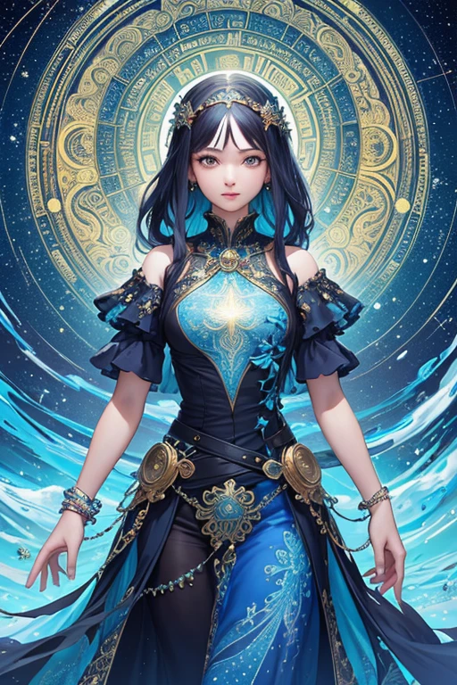 (masterpiece, highest quality, highest quality, official art, beautiful and aesthetic:1.2), (1 girl), very detailed,(fractal art:1.3),colorful,most detailed,divination,aquarius,constellation