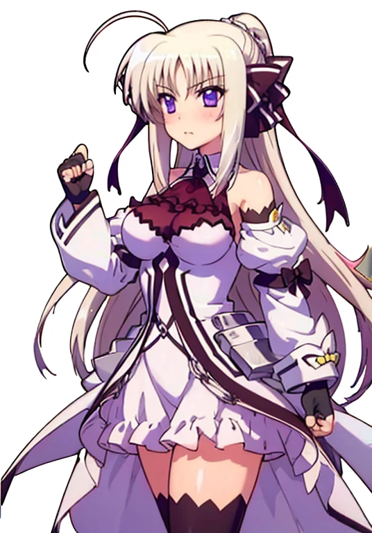 indoor, arena,
rinne_bj, 1girl, thighhighs, long hair, purple eyes, ascot, breasts, gloves, looking at viewer, white thighhighs, ahoge, fingerless gloves, detached sleeves, zettai ryouiki, bare shoulders, standing, very long hair, clenched hands, skirt, dress, black gloves, medium breasts, ribbon, black ascot, blush, hair ribbon, hair bow, ponytail, bow, bangs, puffy sleeves,