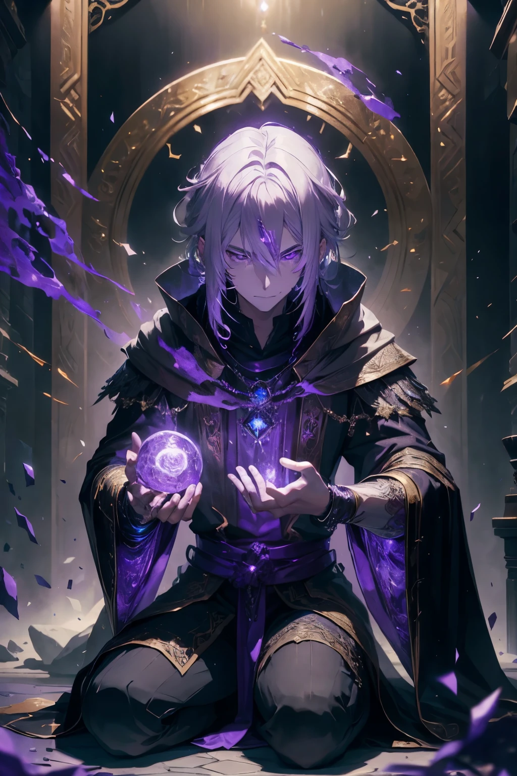 A man who defies the ordinary, appearing as an alchemist, possesses white hair that shines radiantly, and his eyes gleam with a luminous purple hue, leaving trails of ethereal purple energy in their wake. Aberrantly, one hand brandishes a spell, its intricacies illuminated under the purpling aura. An unusual mechanical enhancement encases his right arm, encompassing it in a fine metallic sheen. Draped in black robes with lavish purple edges, beneath the cloak, he dons a fitted black shirt, its gold buttons delicately reflecting light. Kneeling humbly upon the ground, he concentrates, the