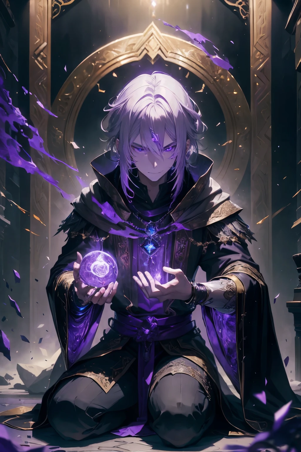 A man who defies the ordinary, appearing as an alchemist, possesses white hair that shines radiantly, and his eyes gleam with a luminous purple hue, leaving trails of ethereal purple energy in their wake. Aberrantly, one hand brandishes a spell, its intricacies illuminated under the purpling aura. An unusual mechanical enhancement encases his right arm, encompassing it in a fine metallic sheen. Draped in black robes with lavish purple edges, beneath the cloak, he dons a fitted black shirt, its gold buttons delicately reflecting light. Kneeling humbly upon the ground, he concentrates, the