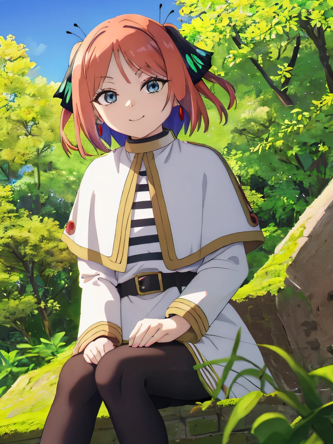 Masterpiece, hd, 2d, ninonakano, nino nakano, short hair, bangs, blue eyes, red hair, butterfly hair ornaments , smile, hair ornaments, two side up, butterfly hair ornament, long sleeves, jewelry, pantyhose, earrings, striped, black pantyhose, capelet, striped shirt, looking at viewer, upper body,outdoors, sky, nature