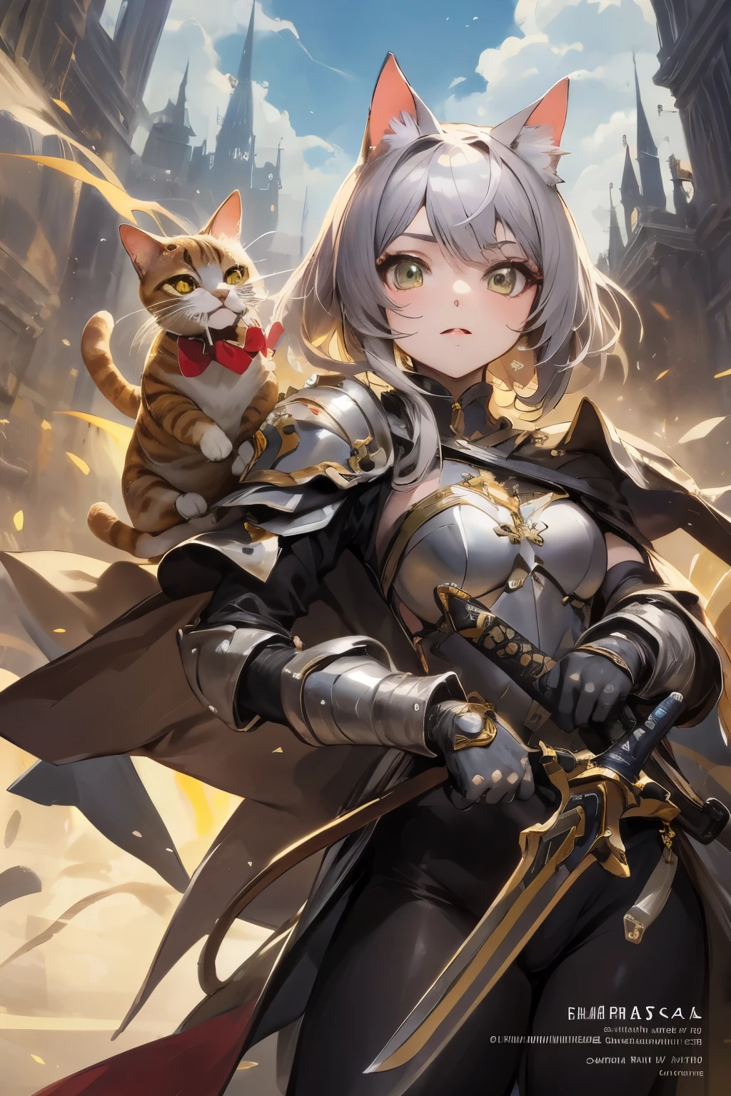 anime girl with cat and sword in front of a building, O Cavaleiro da Armadura do Gato Dourado, garota de armadura, linda Catgirl Anime, gato branco, garota gato atraente, anime fantasy illustration, muito linda garota Anime Cat, arte chave detalhada do anime, arte digital detalhada de anime, arte de fantasia de anime, trends on artstation pixiv, arte detalhada de anime, arte detalhada de animework