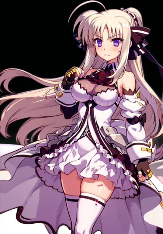 indoor, arena,
rinne_bj, 1girl, thighhighs, long hair, purple eyes, ascot, breasts, gloves, looking at viewer, white thighhighs, ahoge, fingerless gloves, detached sleeves, zettai ryouiki, bare shoulders, standing, very long hair, clenched hands, skirt, dress, black gloves, large_breasts, ribbon, black ascot, blush, hair ribbon, hair bow, ponytail, bow, bangs, puffy sleeves,