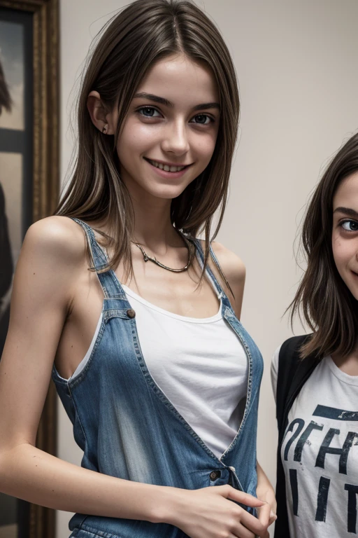 french female painter, 18yo, very skinny, anorexic, very small breast, dirty tshirt, cheerful, smile, took a photo with bearded man in dirty tshirt, in the art exhibition, very crowd, best quality, 4k, 8k, highres, masterpiece, ultra-detailed, realistic