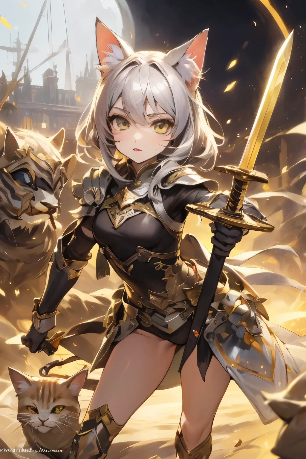 anime girl with cat and sword in front of a building, O Cavaleiro da Armadura do Gato Dourado, garota de armadura, linda Catgirl Anime, gato branco, garota gato atraente, anime fantasy illustration, muito linda garota Anime Cat, arte chave detalhada do anime, arte digital detalhada de anime, arte de fantasia de anime, trends on artstation pixiv, arte detalhada de anime, arte detalhada de animework